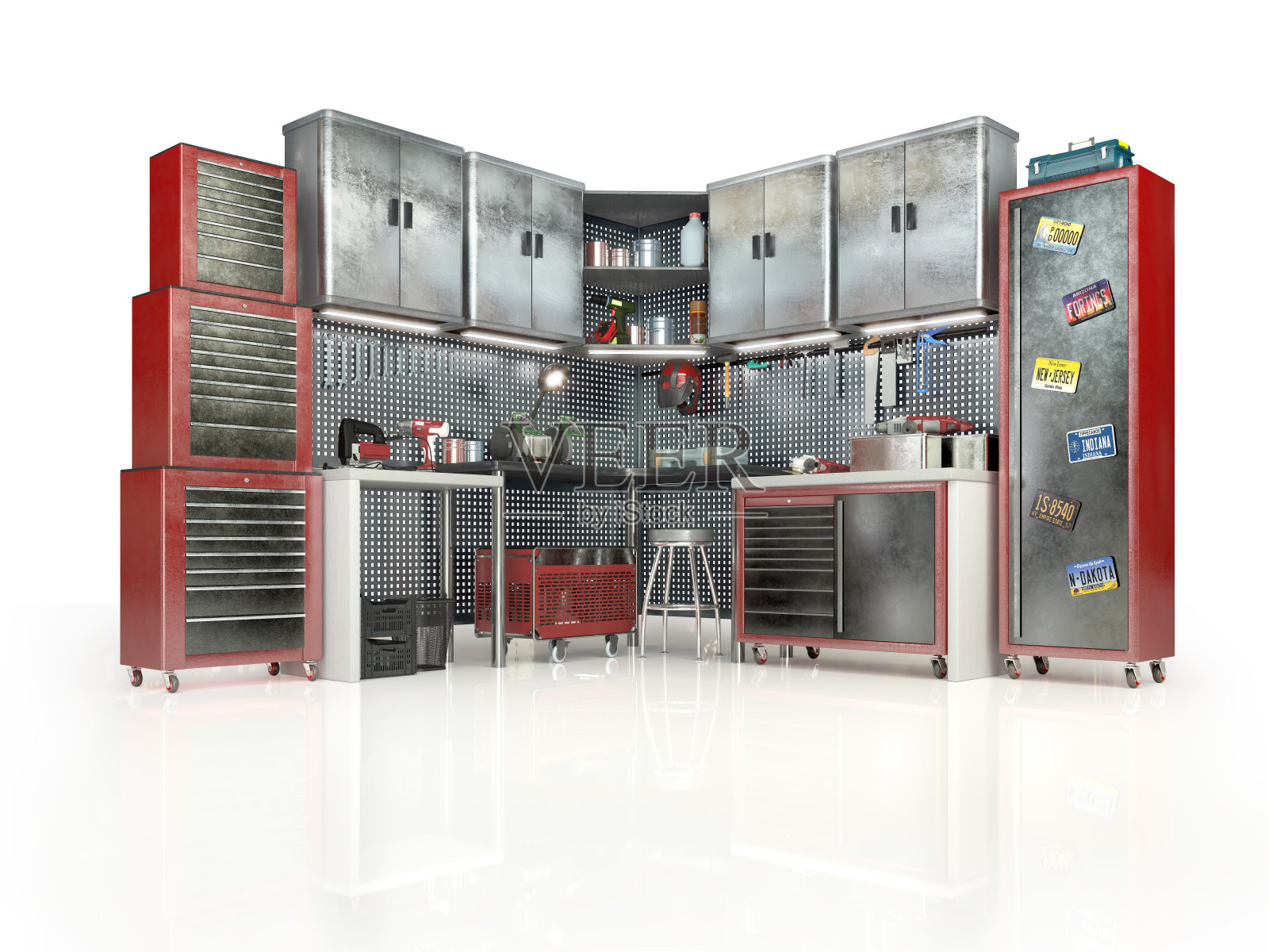 装有车库工具的橱柜。三维演示照片摄影图片