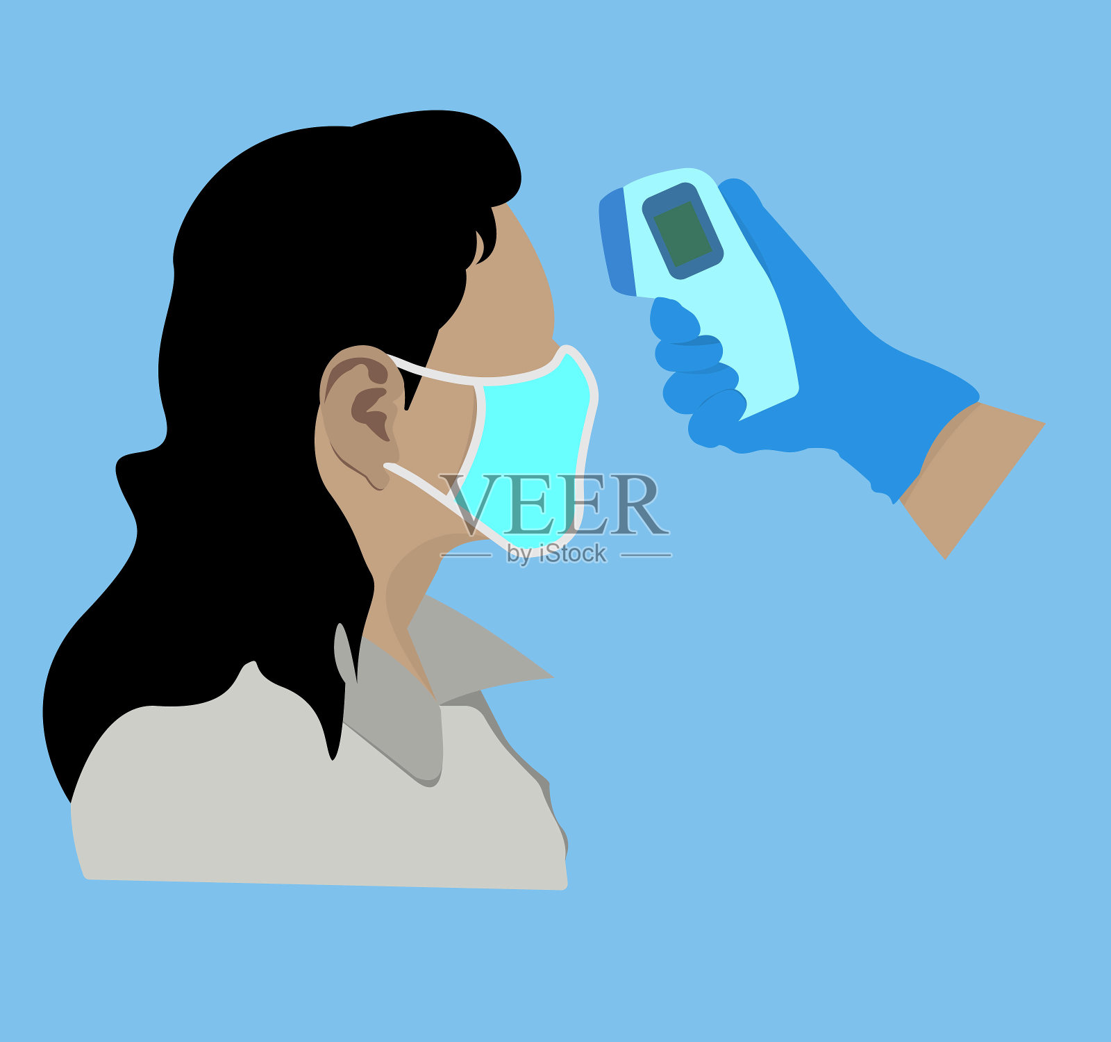 冠状病毒扫描载体艺术平面设计女女孩戴面具插画图片素材