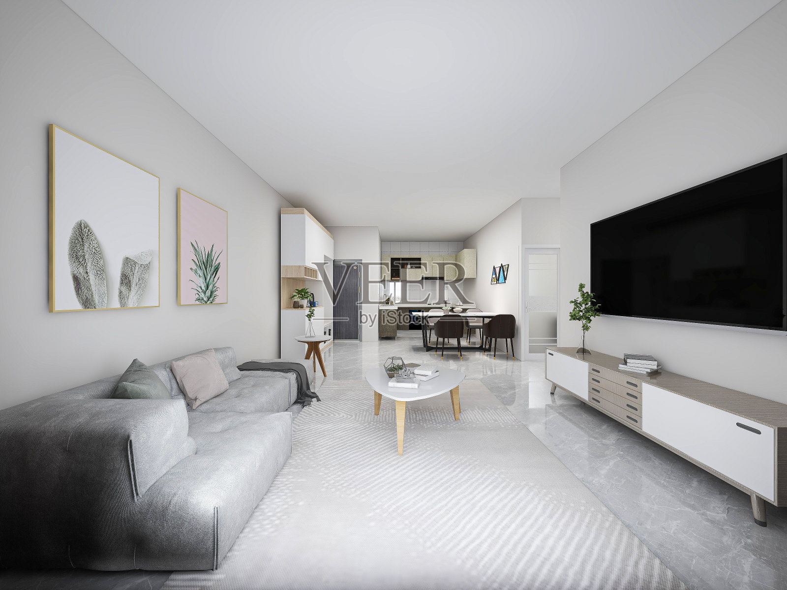 3D渲染,舒适的客厅设计,配有沙发和电视照片摄影图片