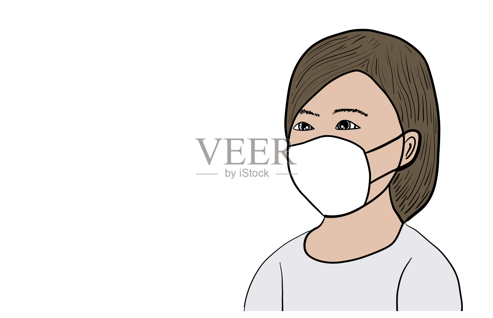 卡通女孩戴着医用口罩为人们和医生、护士预防细菌、呼吸道感染和传染病,包括小尘埃、白色背景载体插画图片素材