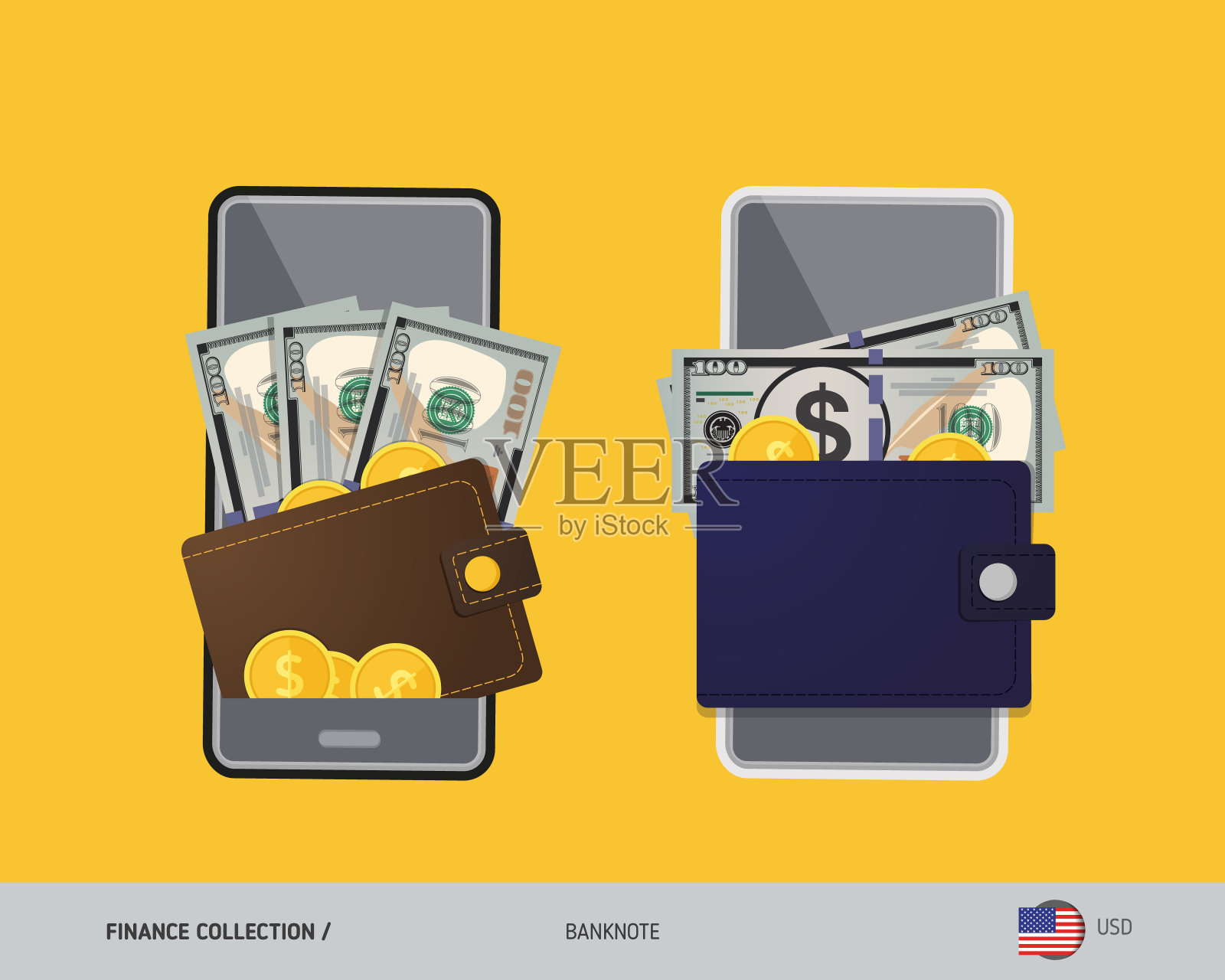 数字移动支付,电子钱包应用。100美元纸币与金币。平面风格矢量插图。插画图片素材