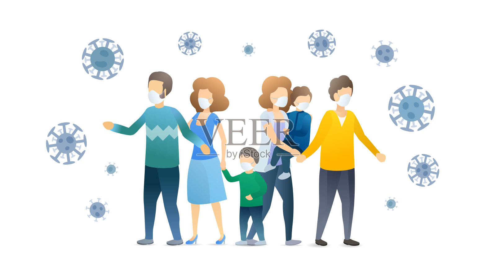 一家人戴着防护口罩,受到冠状病毒细菌的侵袭。母亲、父亲和儿子处于危险境地设计元素图片