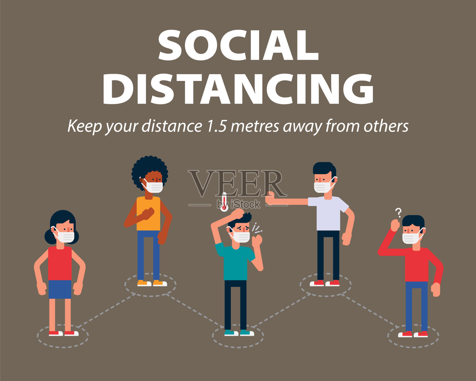 社交距离,在公共场合保持1米的距离,以预防新冠肺炎,这是减缓新冠病毒传播的一种方式插画图片素材