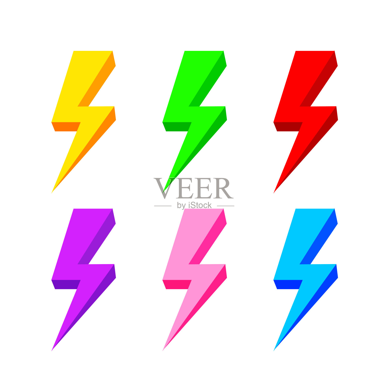 白色背景上色彩鲜艳的闪电图标,雷暴符号集,闪电剪贴画合集,黄色、绿色、红色、紫色、粉色和蓝色闪电标志插画图片素材