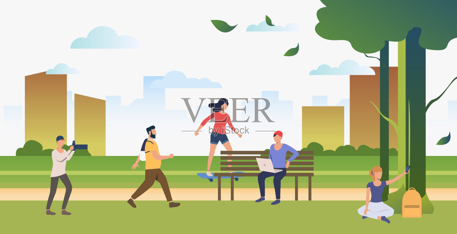 人们在城市公园里做运动、放松和拍照插画图片素材