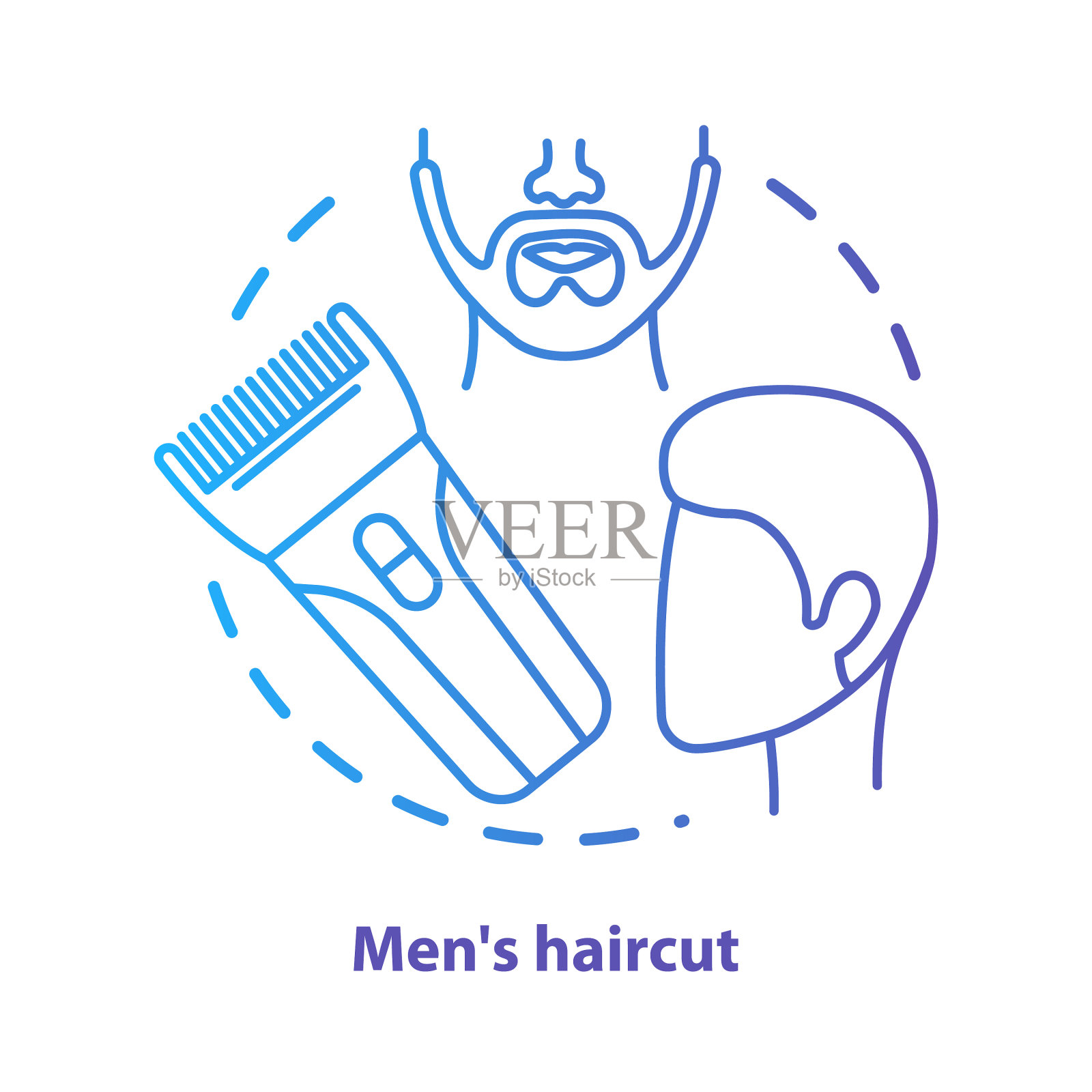 男士发型概念图标。理发店创意细线插图。头发护理和治疗。发廊设备,发型师工具。蓝色梯度矢量孤立轮廓绘图。可编辑的中风插画图片素材