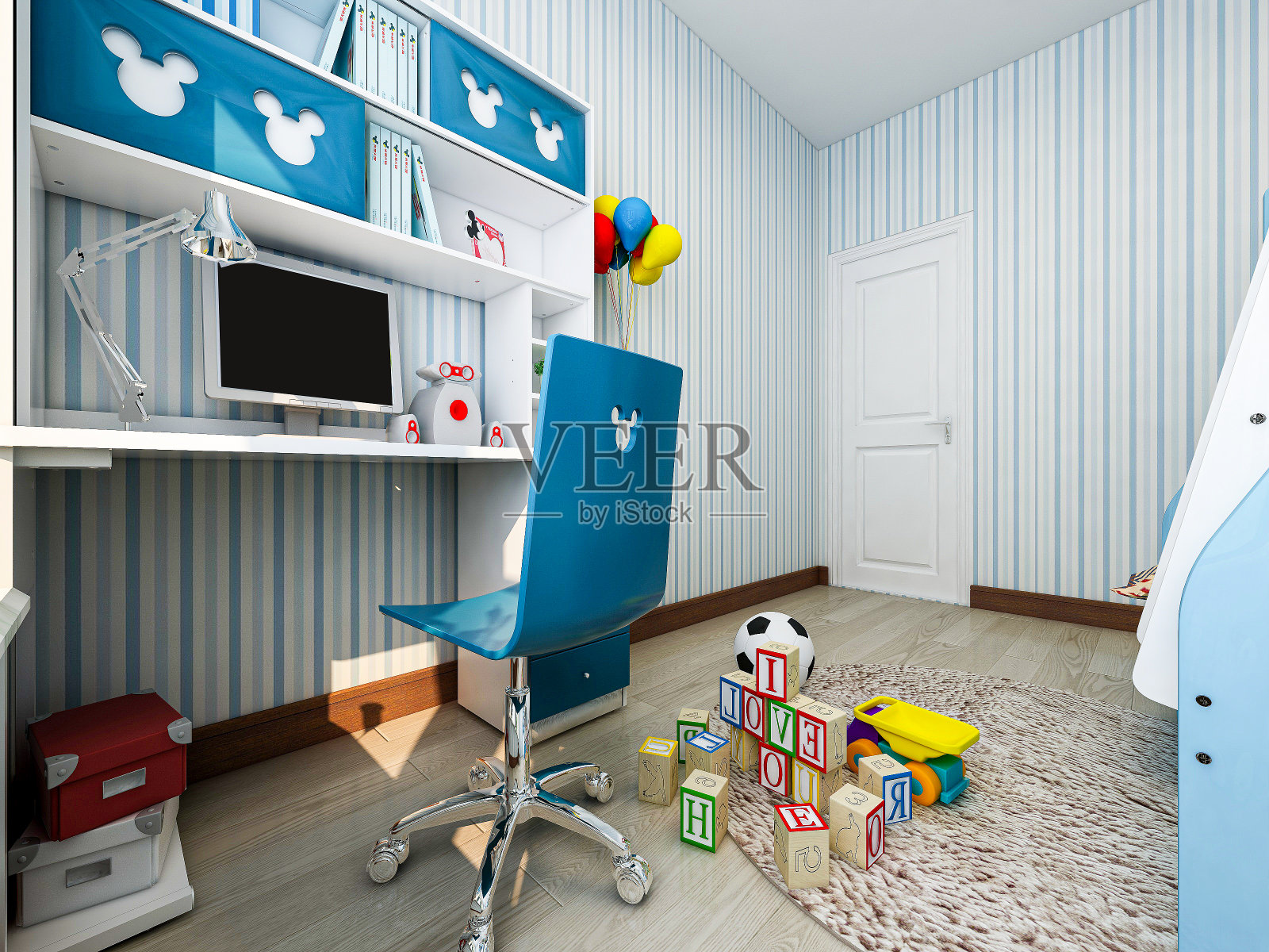 3D渲染,蓝色儿童房,配有床、书桌、衣柜等。照片摄影图片
