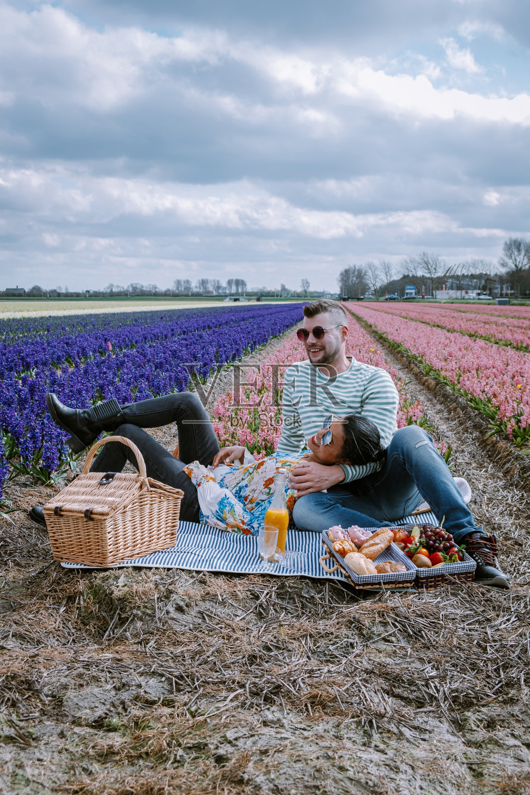 荷兰的春季花季,情侣在利瑟球茎区野餐,背景是风信子花田照片摄影图片