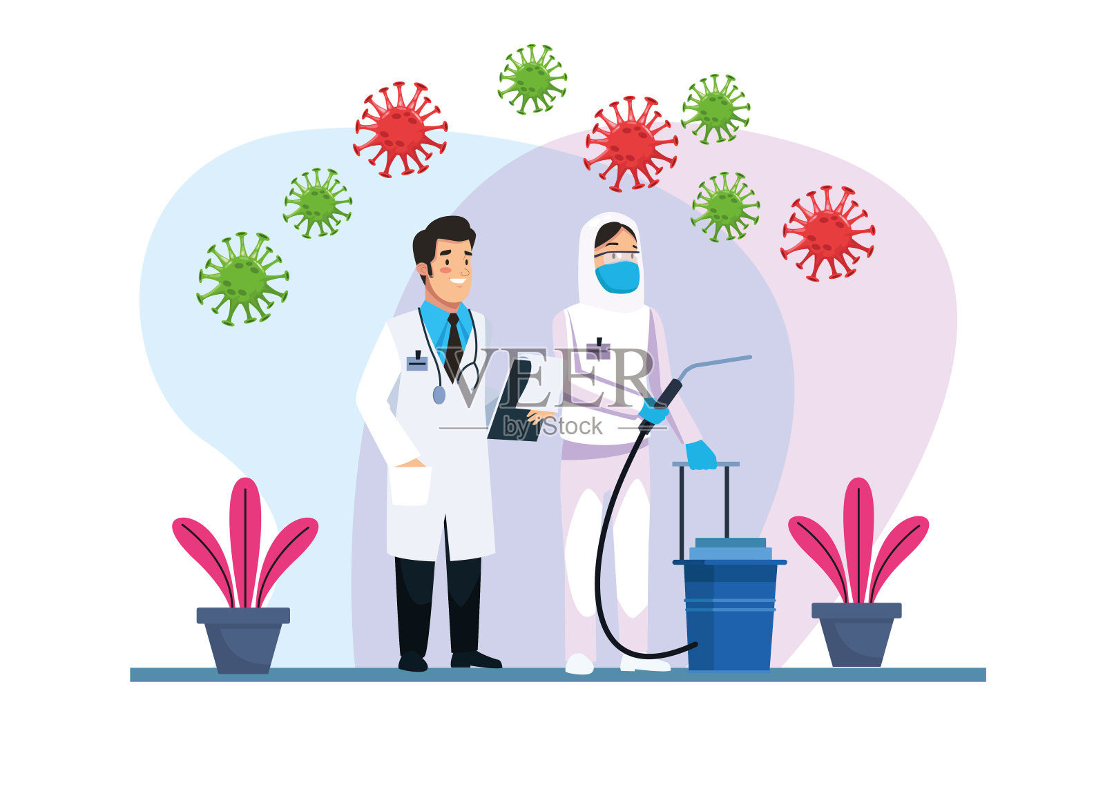 携带covid - 19颗粒的生物危害清洁人员插画图片素材