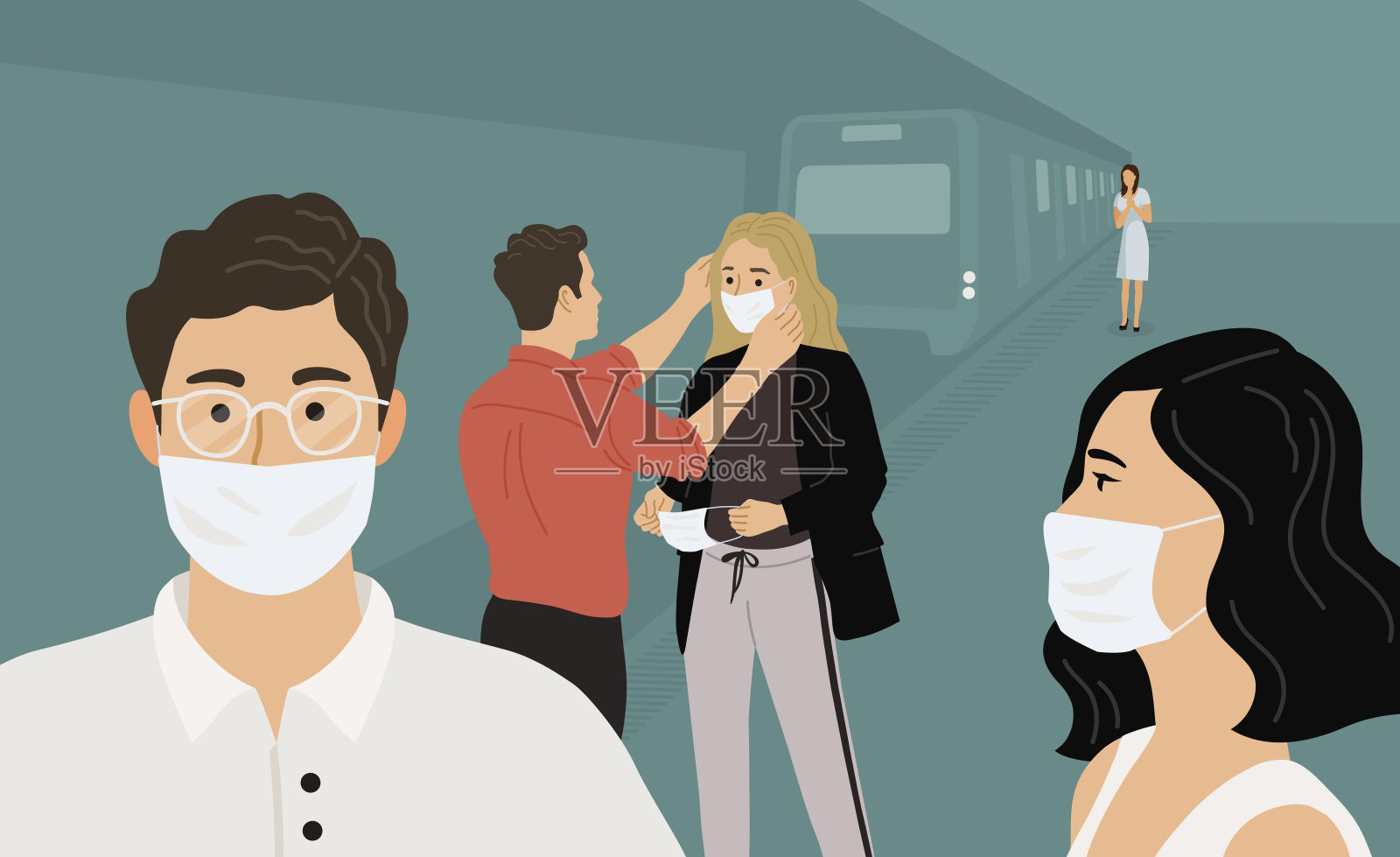 2019 - nc0v冠状病毒。地铁里戴着医用防护口罩的人。矢量图插画图片素材