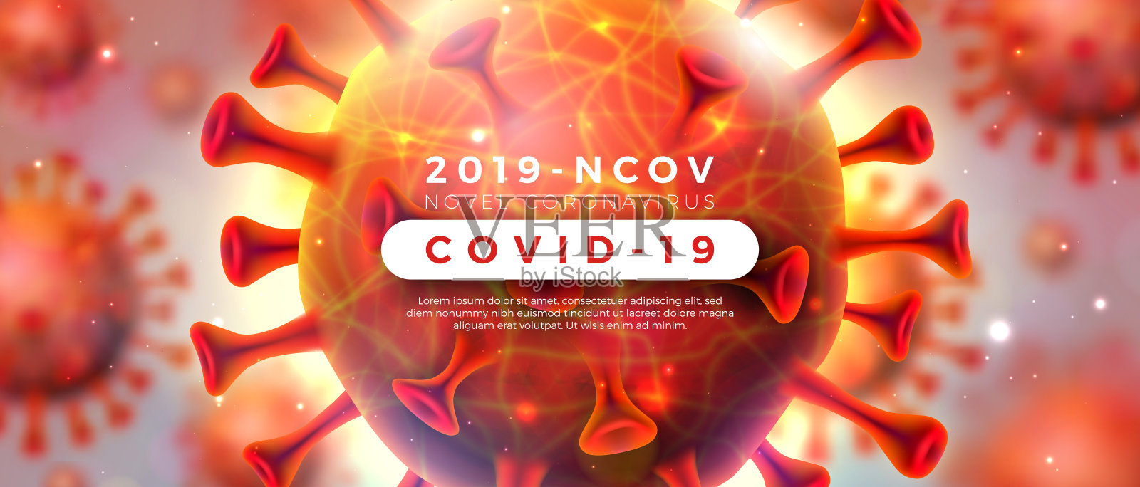 新型冠状病毒肺炎冠状病毒爆发设计与病毒细胞在显微镜下在发光的背景。矢量2019-ncov冠状病毒图解危险的SARS流行主题宣传横幅。插画图片素材