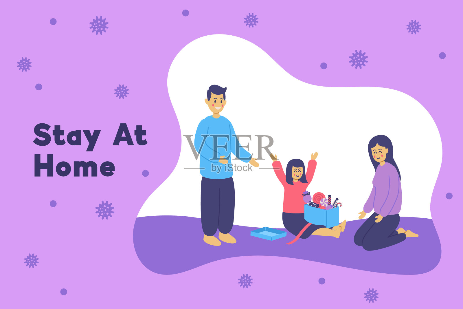 2019冠状病毒病,我呆在家里认识和预防冠状病毒病。家人呆在家里,他们微笑着呆在一起。家人在家中进行自我隔离,防范病毒。插画图片素材