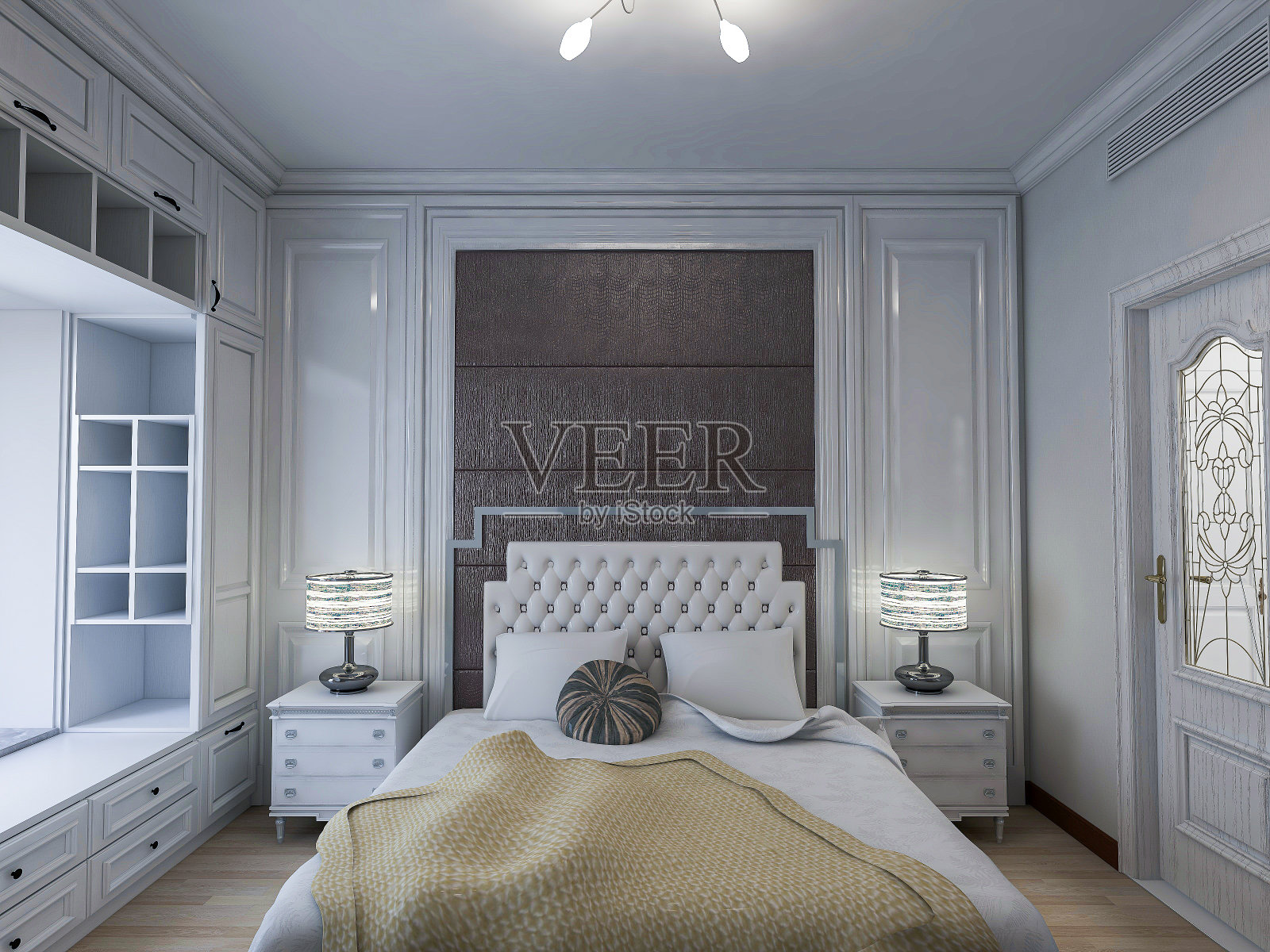 3D效果图,优雅宽敞的现代公寓卧室设计,大床旁边的大衣柜,配有梳妆台和绿色植物照片摄影图片