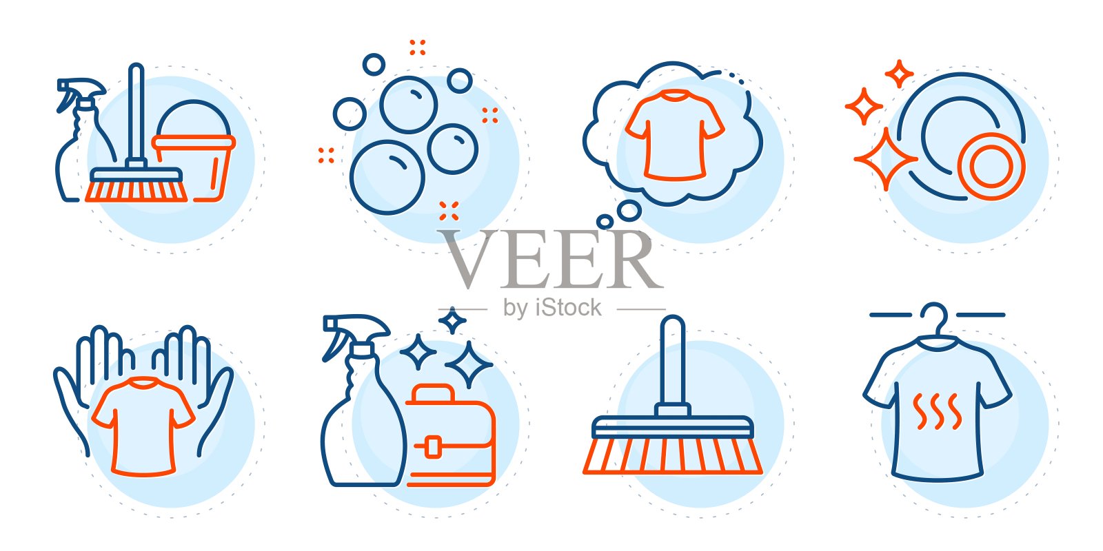 t恤,家居服务和持有t恤图标集。清洁喷雾,清洁泡沫和清洁盘子的标志。向量插画图片素材