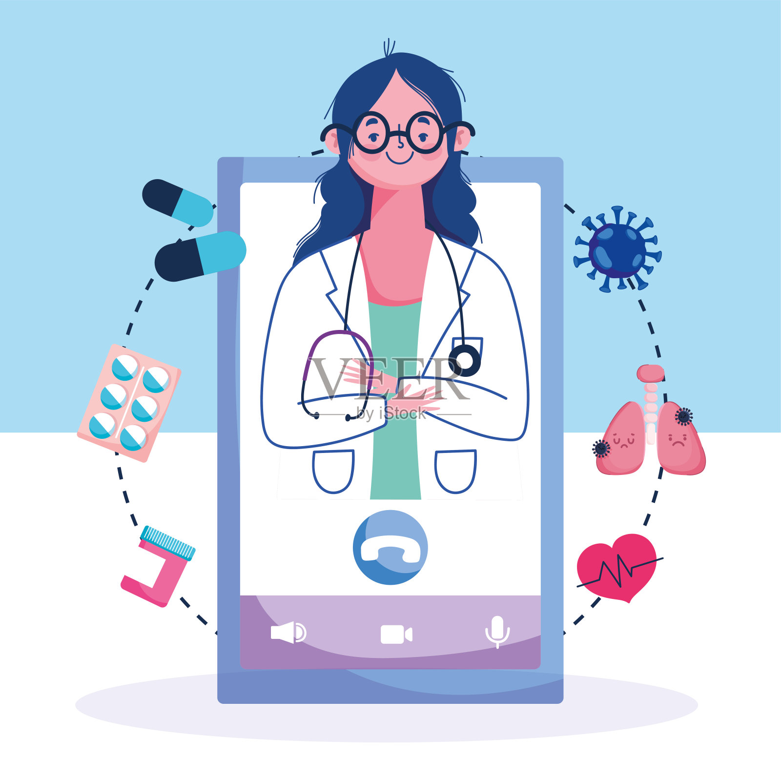 在线健康、女医生医疗协助专业19冠状病毒大流行插画图片素材