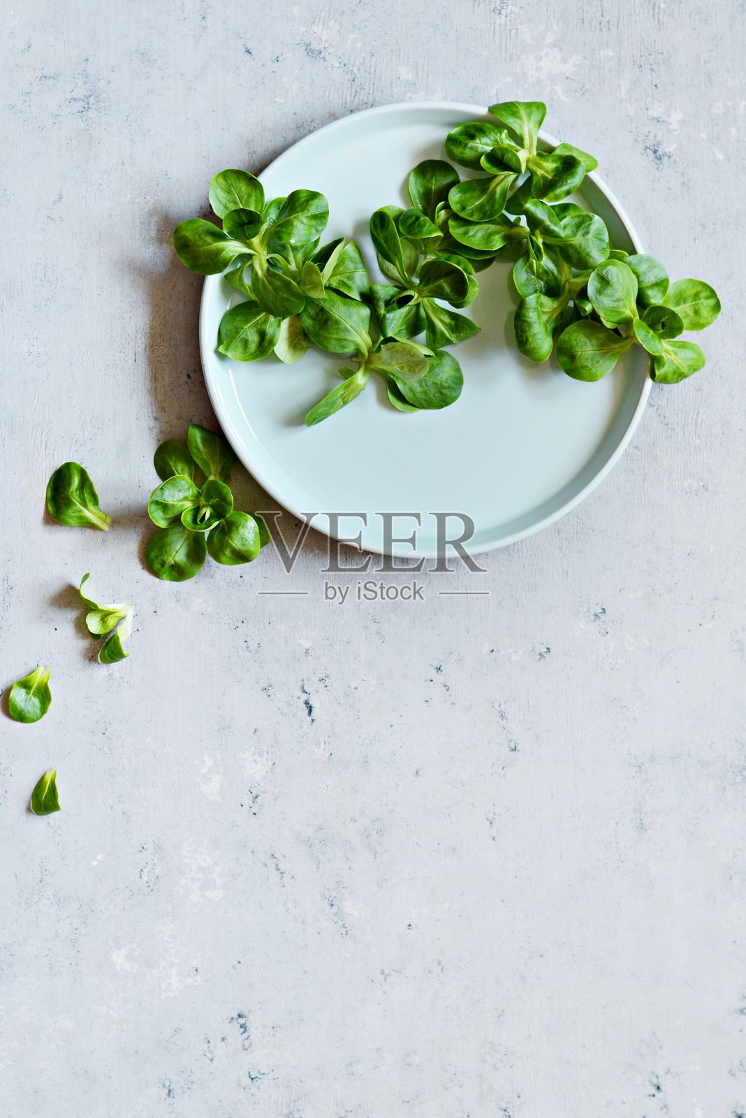 新鲜多汁的绿玉米沙拉(羊肉生菜,缬草)在一个盘子上,在蓝色的背景。健康饮食的概念。素食主义,特写。有选择性的重点。副本的空间。素食主义者。照片摄影图片