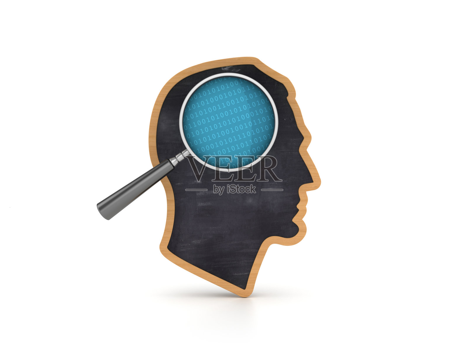 人类头部形状与放大镜和二进制代码- 3D渲染照片摄影图片