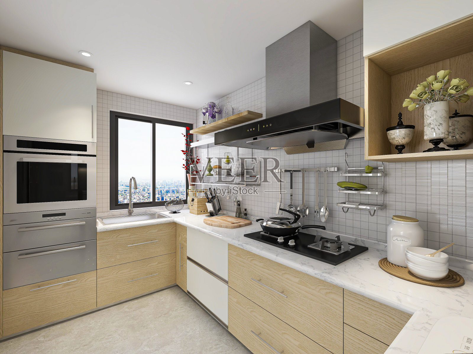 3D效果图,现代家庭厨房设计,新橱柜和带有冰箱的厨房用具,阳光透过窗户。照片摄影图片