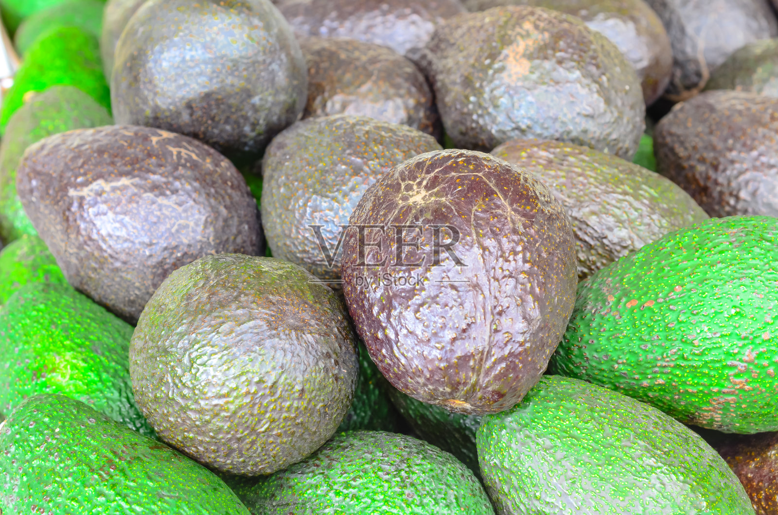 美国华盛顿州Puyallup的农贸市场上,一堆成熟的绿色牛油果照片摄影图片