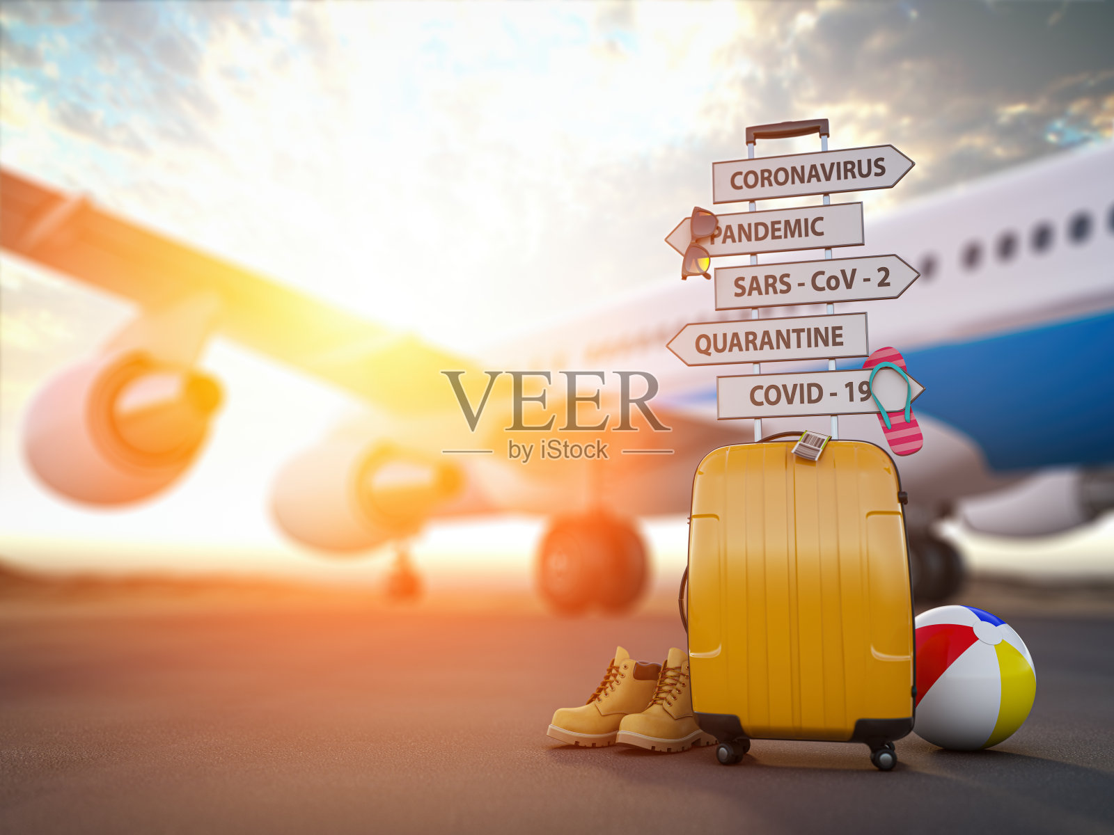 冠状病毒危机旅游和旅游业概念。航班、旅行箱和箭头因疫情关闭。照片摄影图片