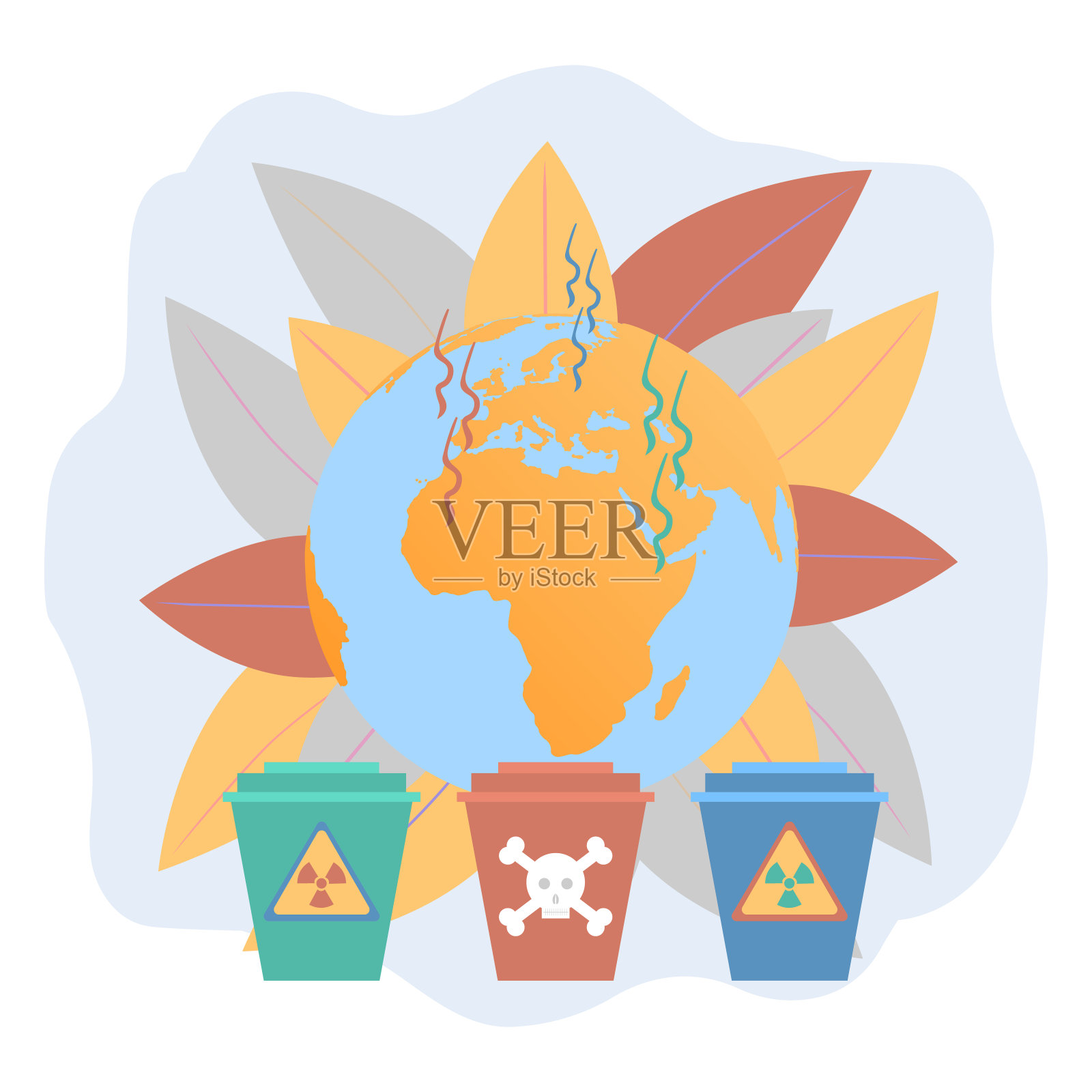 化学废物的处置。全球变暖,地球气候变化,气温上升。无数的火灾,动植物的毁灭,洪水。铸铁矢量插图。插画图片素材