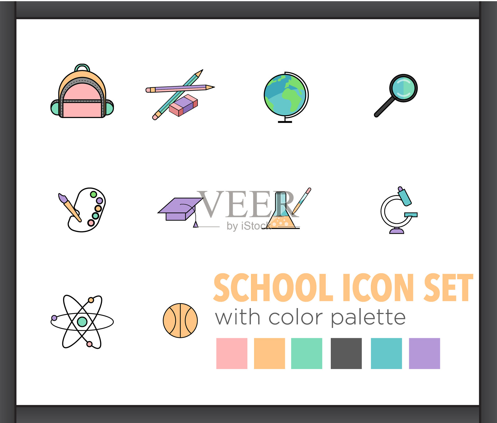 彩色学校工具矢量图标集,10个图标和调色板-回到学校插画图片素材