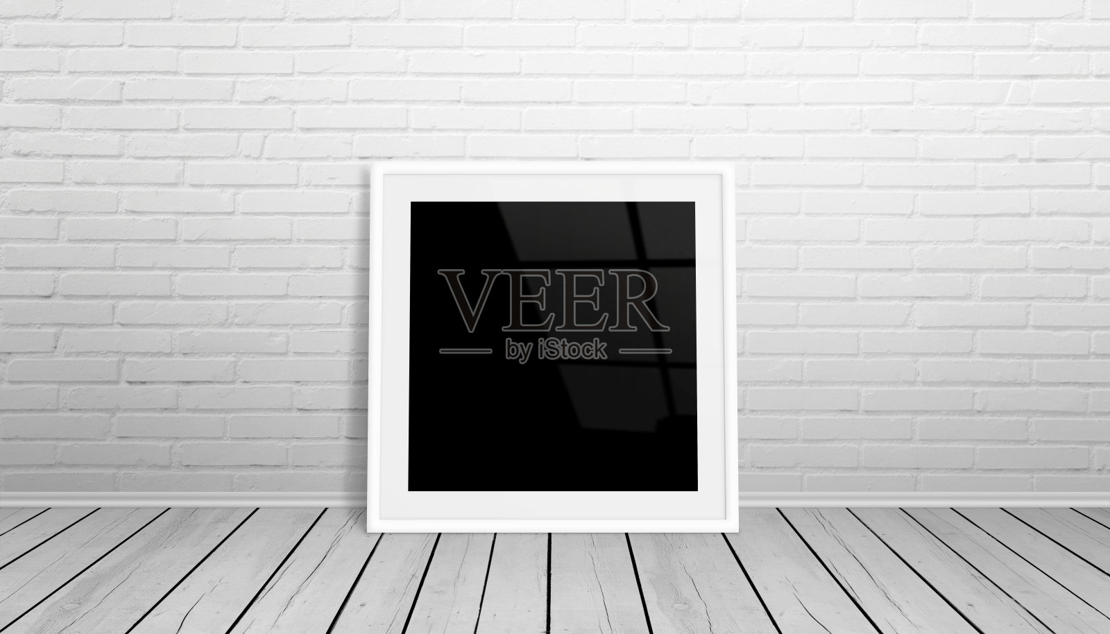 相框模型。用于艺术、设计展示的独立框架。框架靠在白色砖墙上。木地板。照片摄影图片