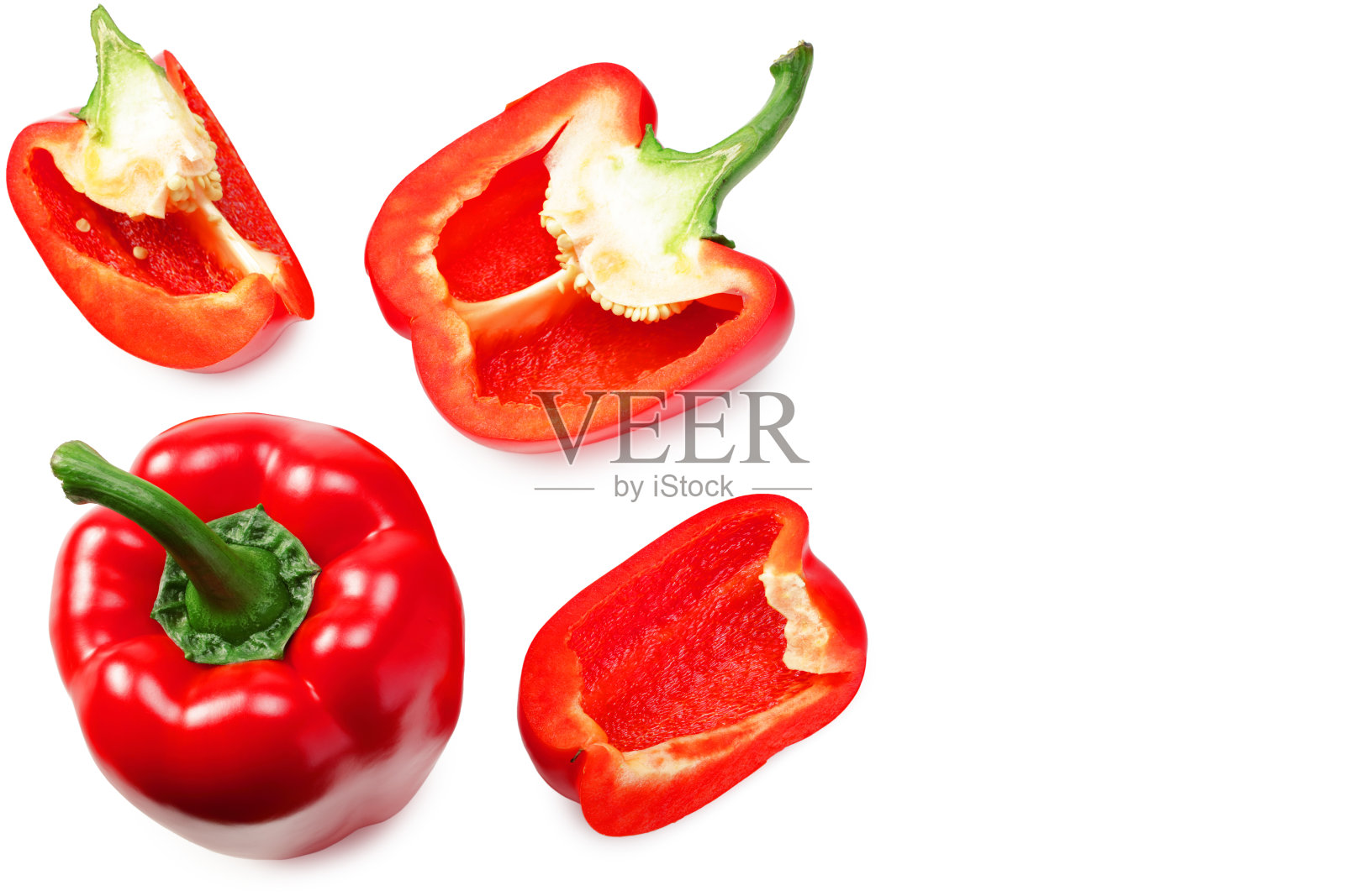 红色甜甜椒,切片孤立在白色背景上。俯视图照片摄影图片