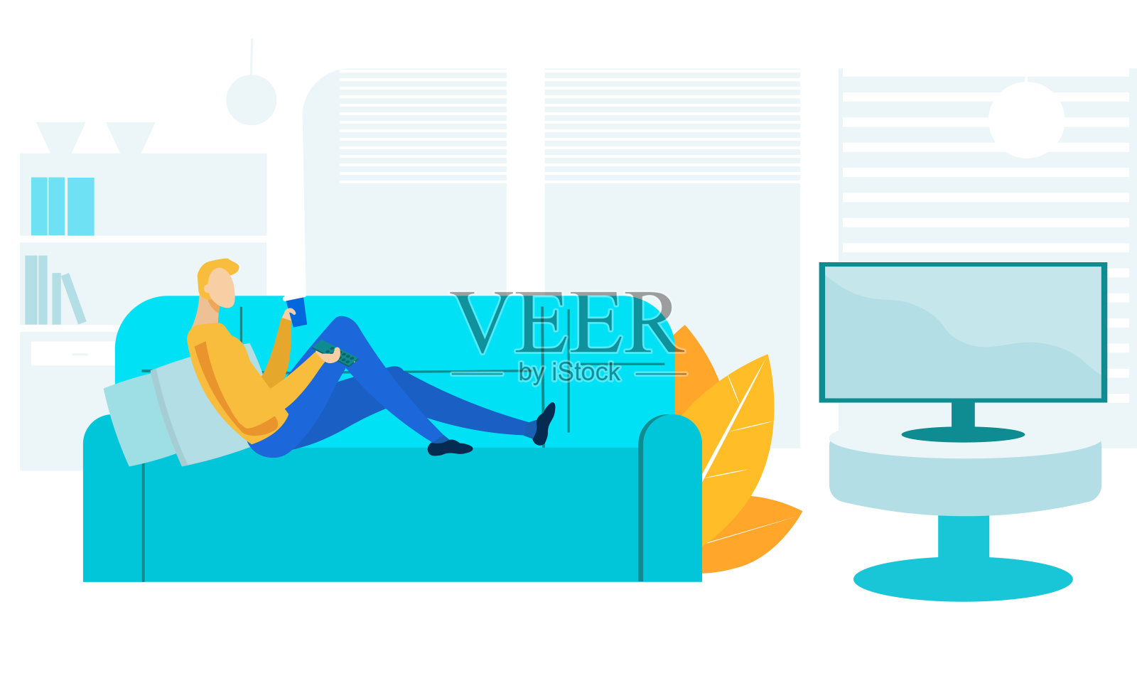 看电视平面矢量插图的家伙插画图片素材