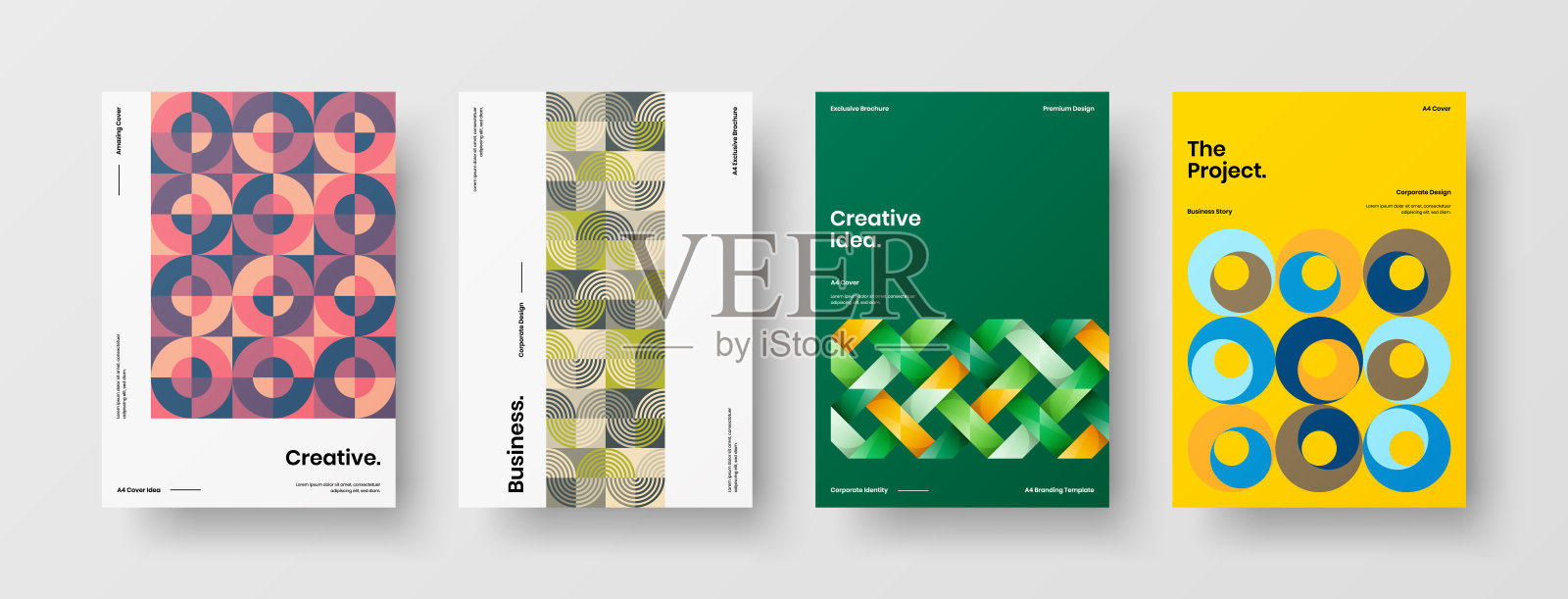 业务表示向量A4垂直方向首页模拟设置。公司报告封面抽象几何插图设计布局捆绑。公司标识手册模板收集。设计模板素材