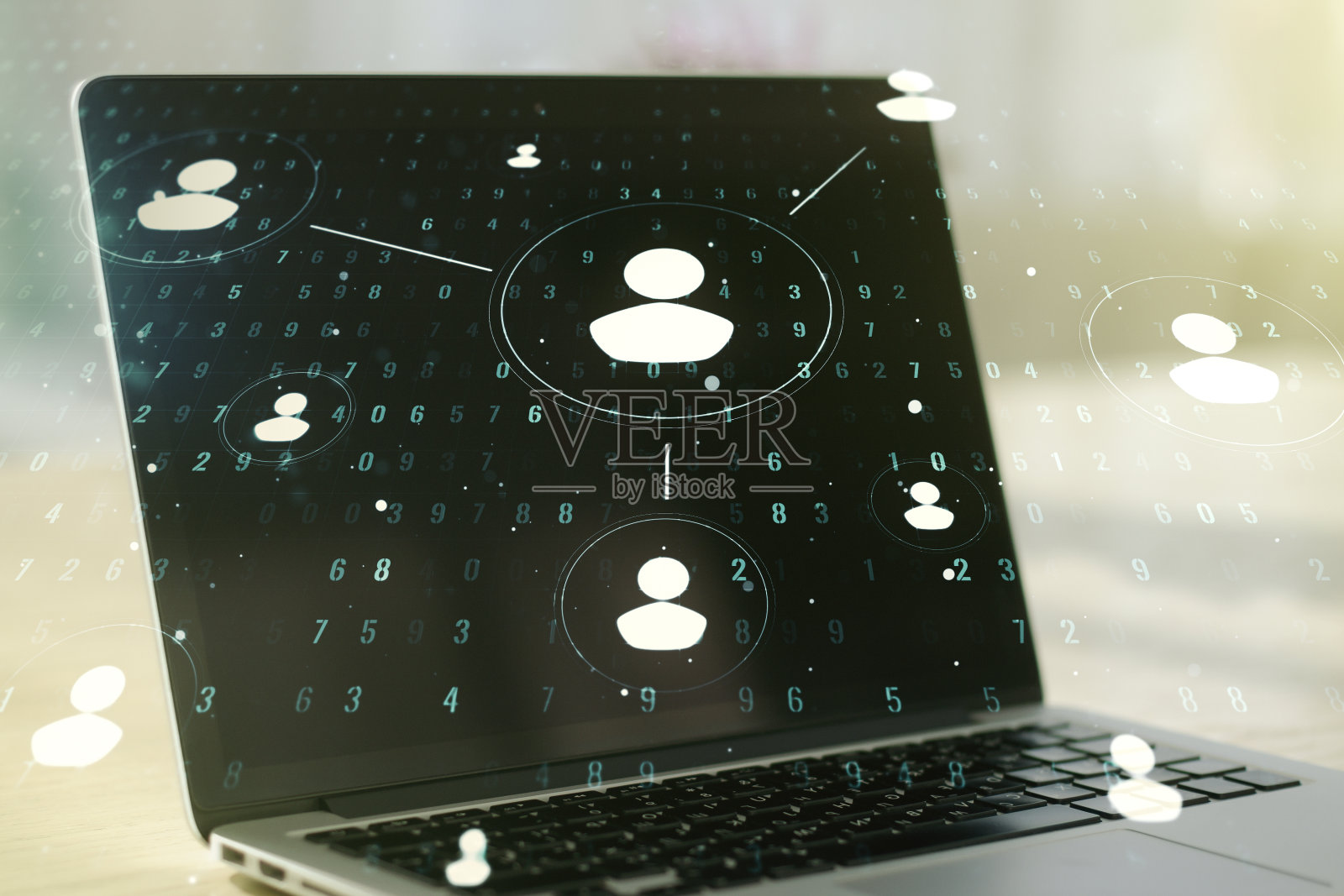 以现代计算机为背景的社交网络媒体概念。双重曝光照片摄影图片