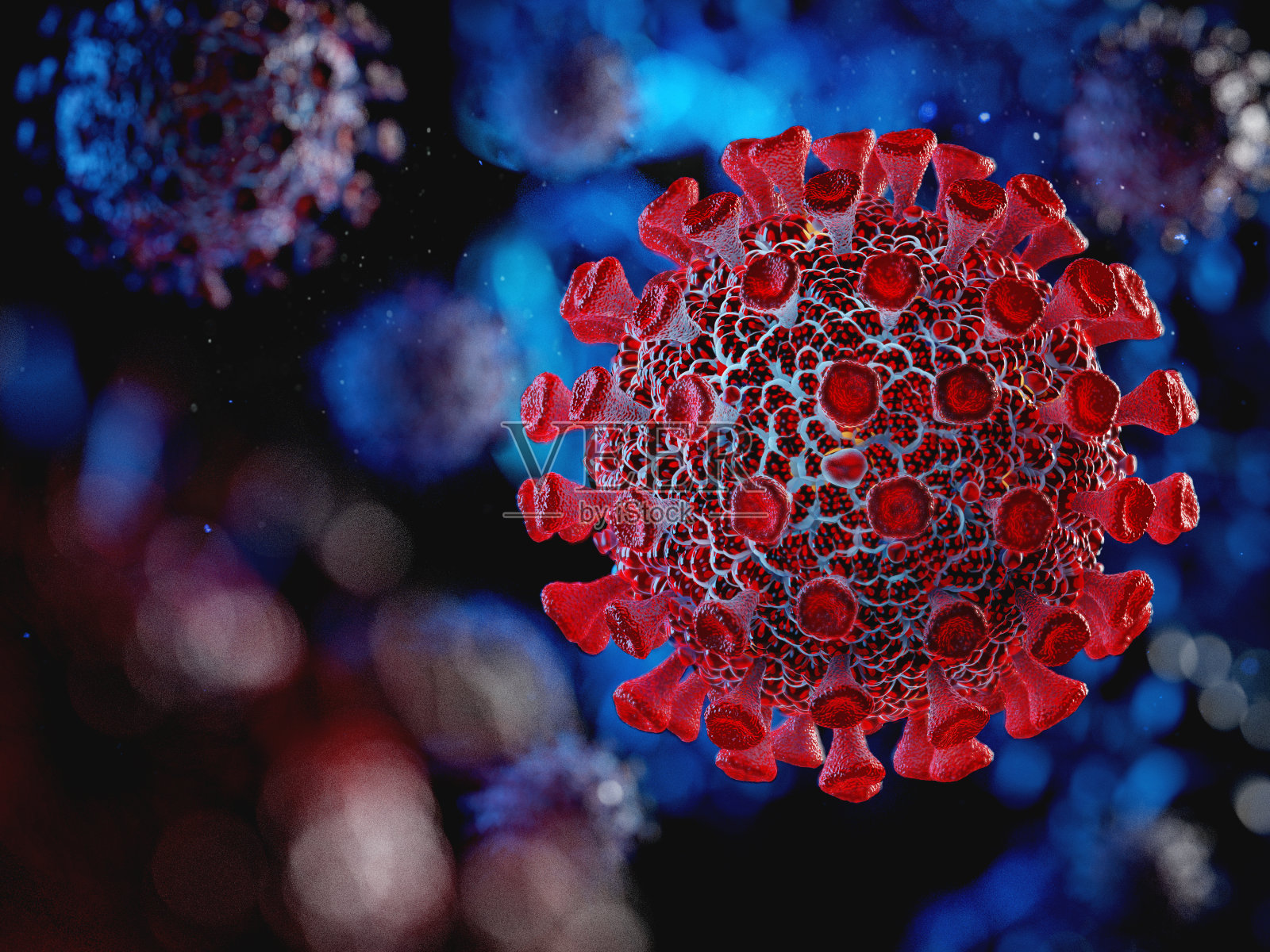 Covid-19细胞在显微镜下漂浮的三维示意图照片摄影图片