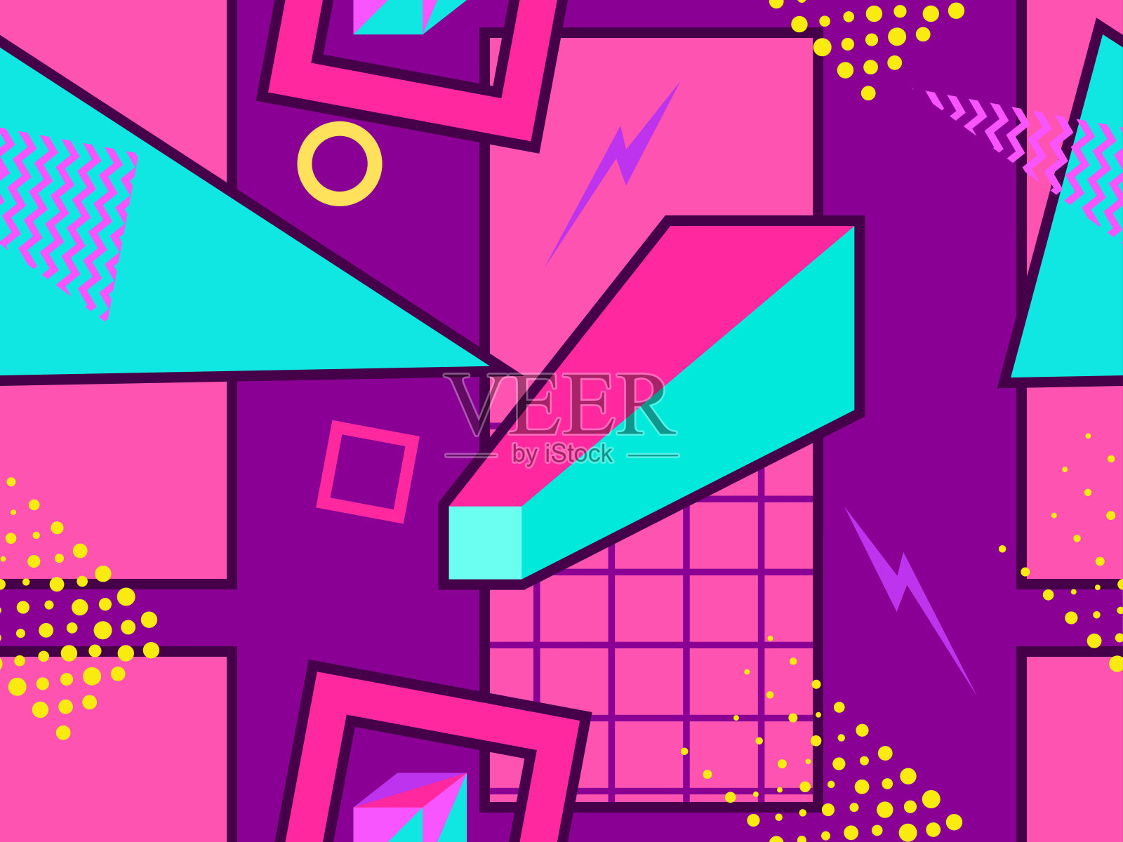 80年代风格的几何形状无缝图案。八十年代印刷彩色背景的促销产品,包装纸和印刷。矢量图插画图片素材