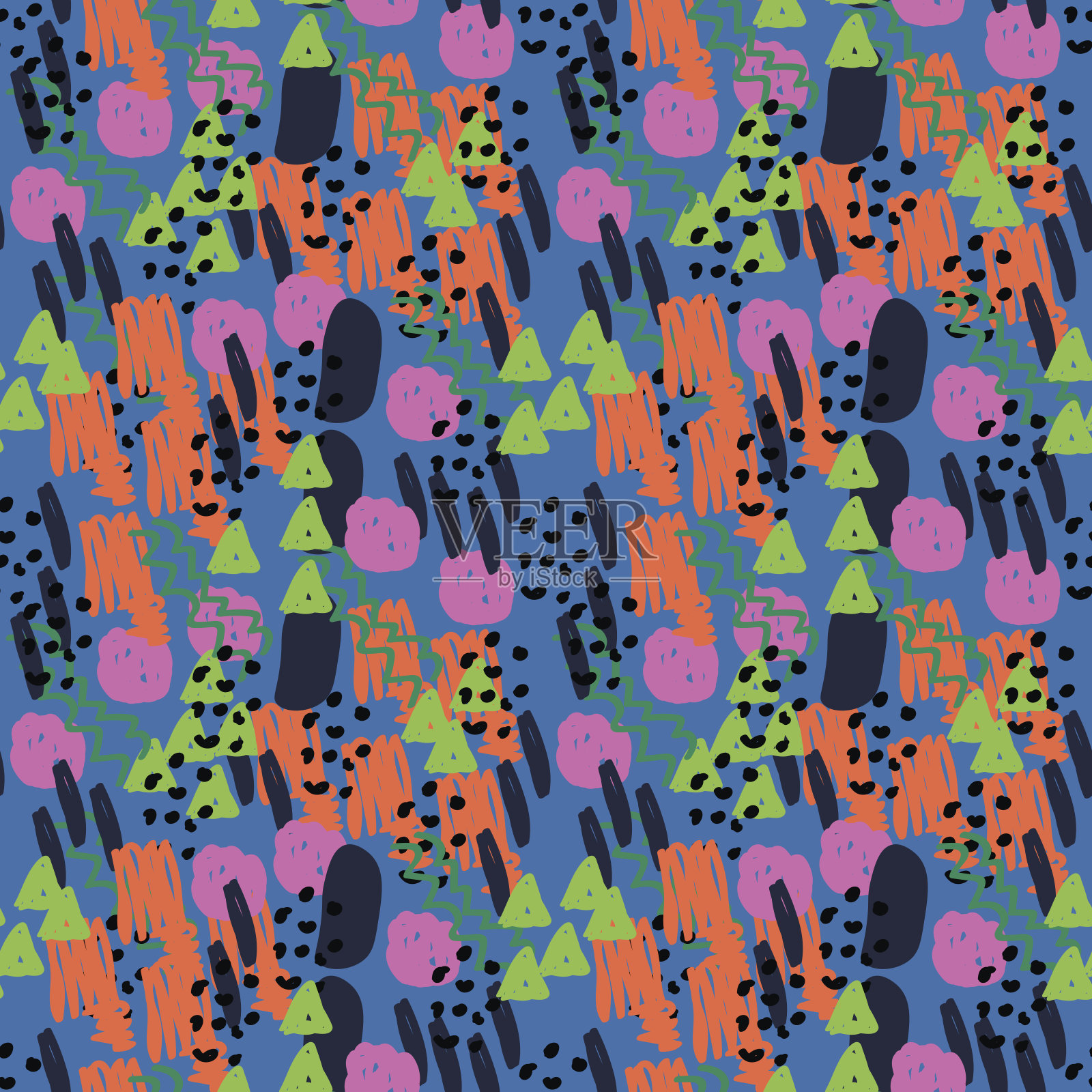 现代手绘彩色抽象无缝图案与几何形状:圆形,三角形,线。矢量插图。插画图片素材