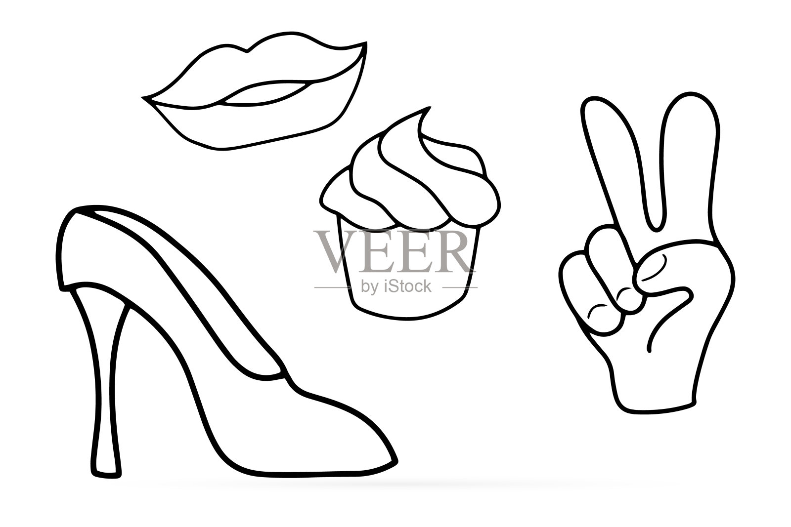 涂鸦妇女设置图标孤立在白色。鞋,唇,手,蛋糕艺术线。向量股票illusteation插画图片素材