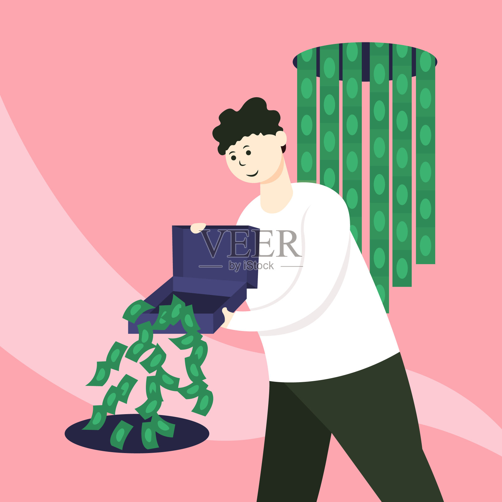 男子把钞票倒进一个洞里。彩色平面卡通插图插画图片素材