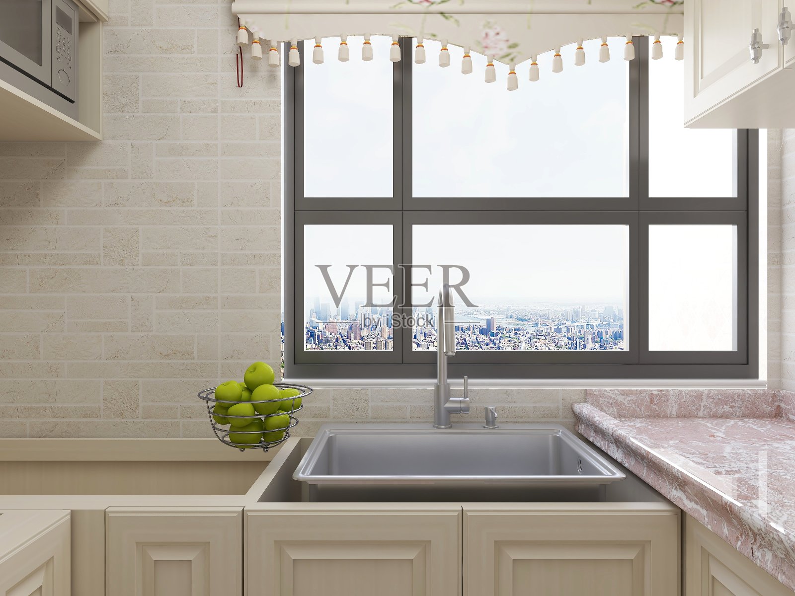 3D效果图,现代家庭厨房设计,新橱柜和带有冰箱的厨房用具,阳光透过窗户。照片摄影图片