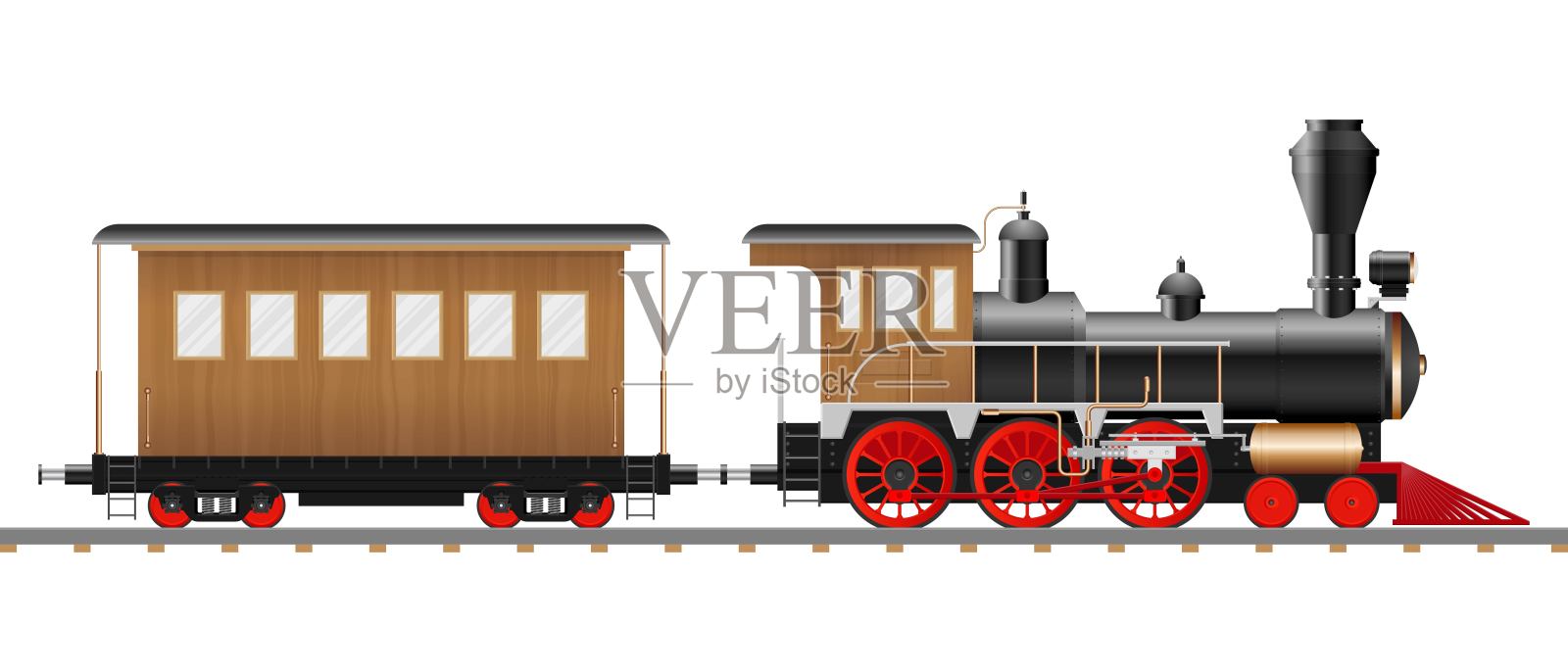 老式蒸汽机车和马车矢量插图孤立设计元素图片