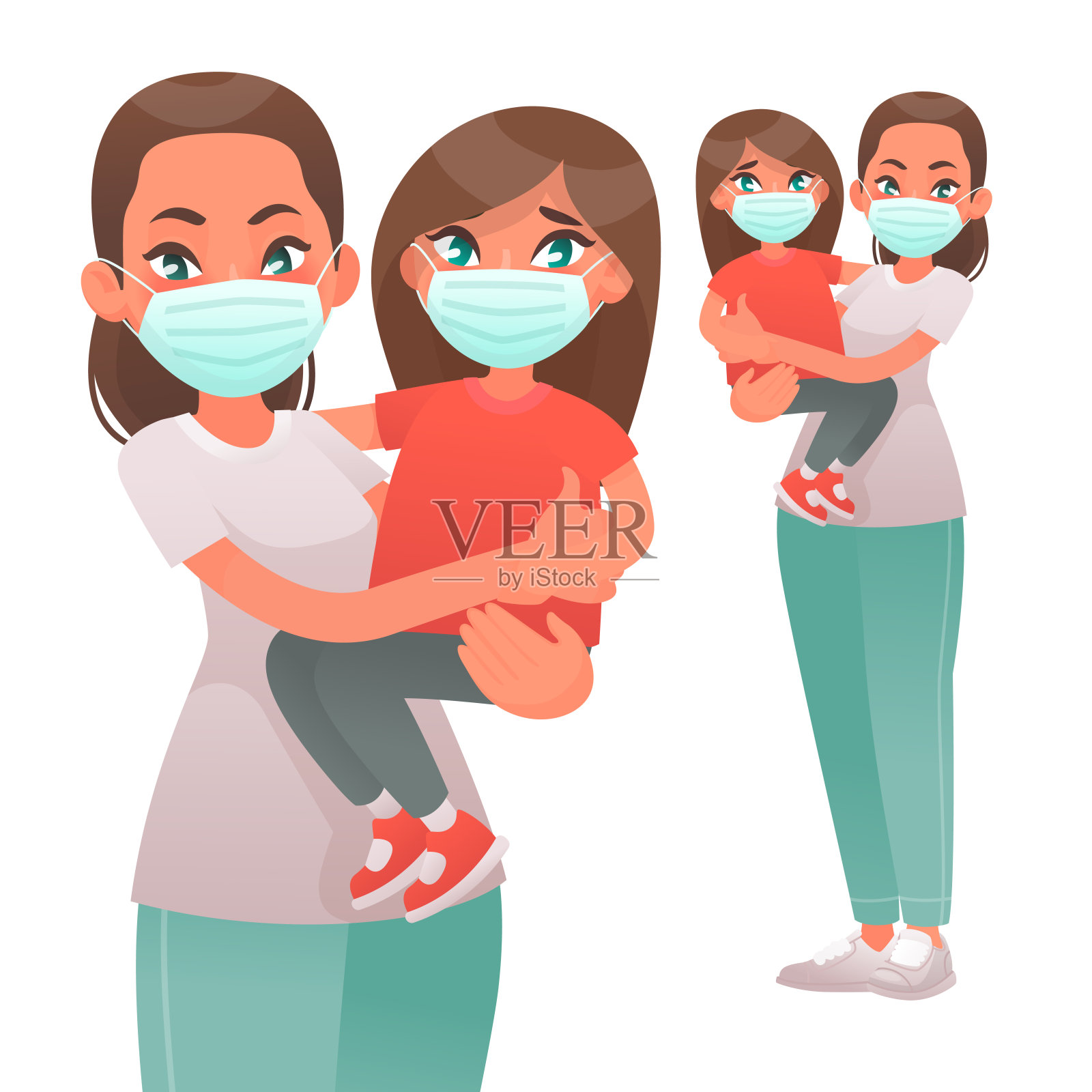 带着孩子戴着医用防护口罩的妈妈。母亲和女儿免受病毒和空气污染的伤害。冠状病毒插画图片素材