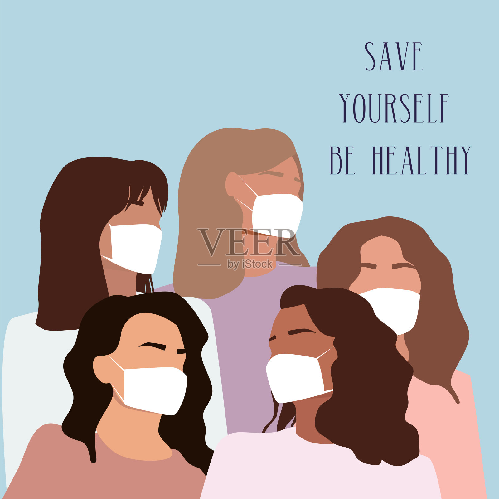 新型冠状病毒感染者戴着白色医用口罩。插画图片素材