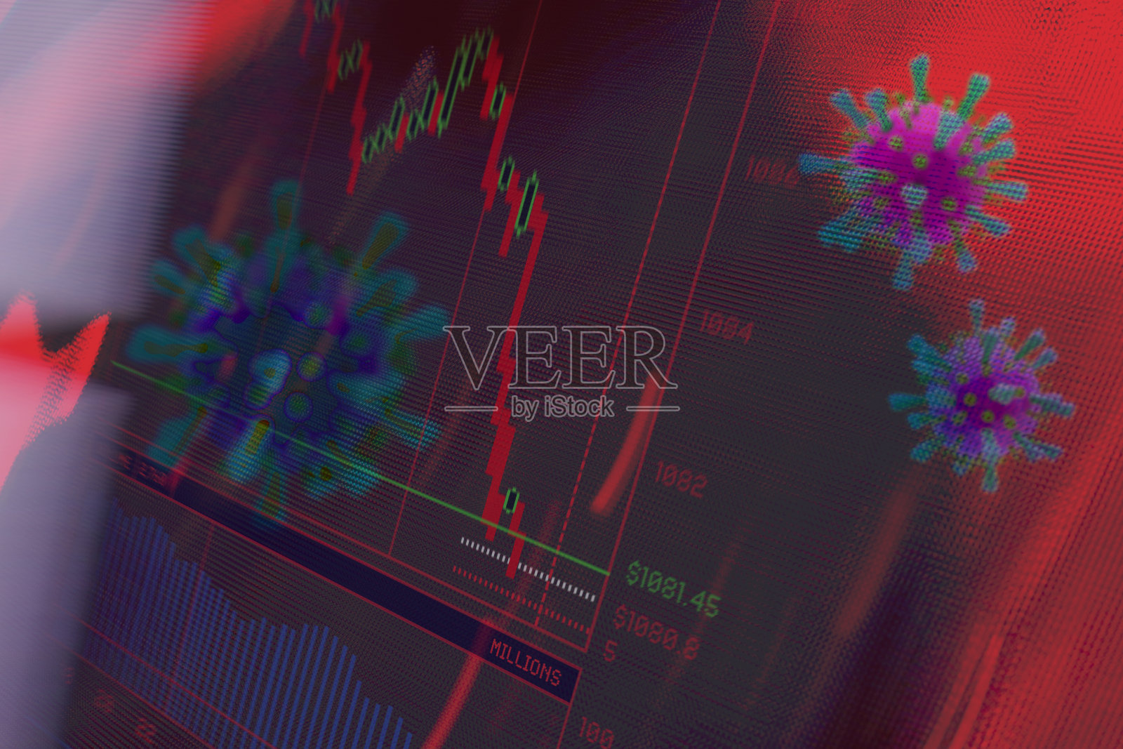 金融危机。交易屏幕和Corona病毒。抽象的形象。照片摄影图片