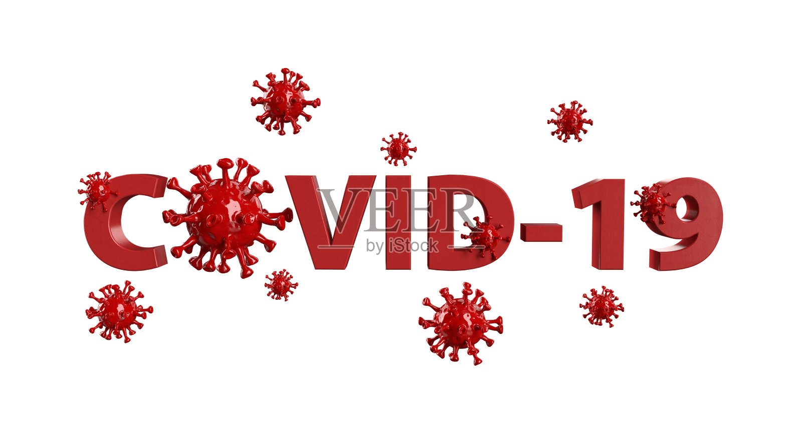 带有病毒细胞的COVID-19红色单词(剪切路径)照片摄影图片