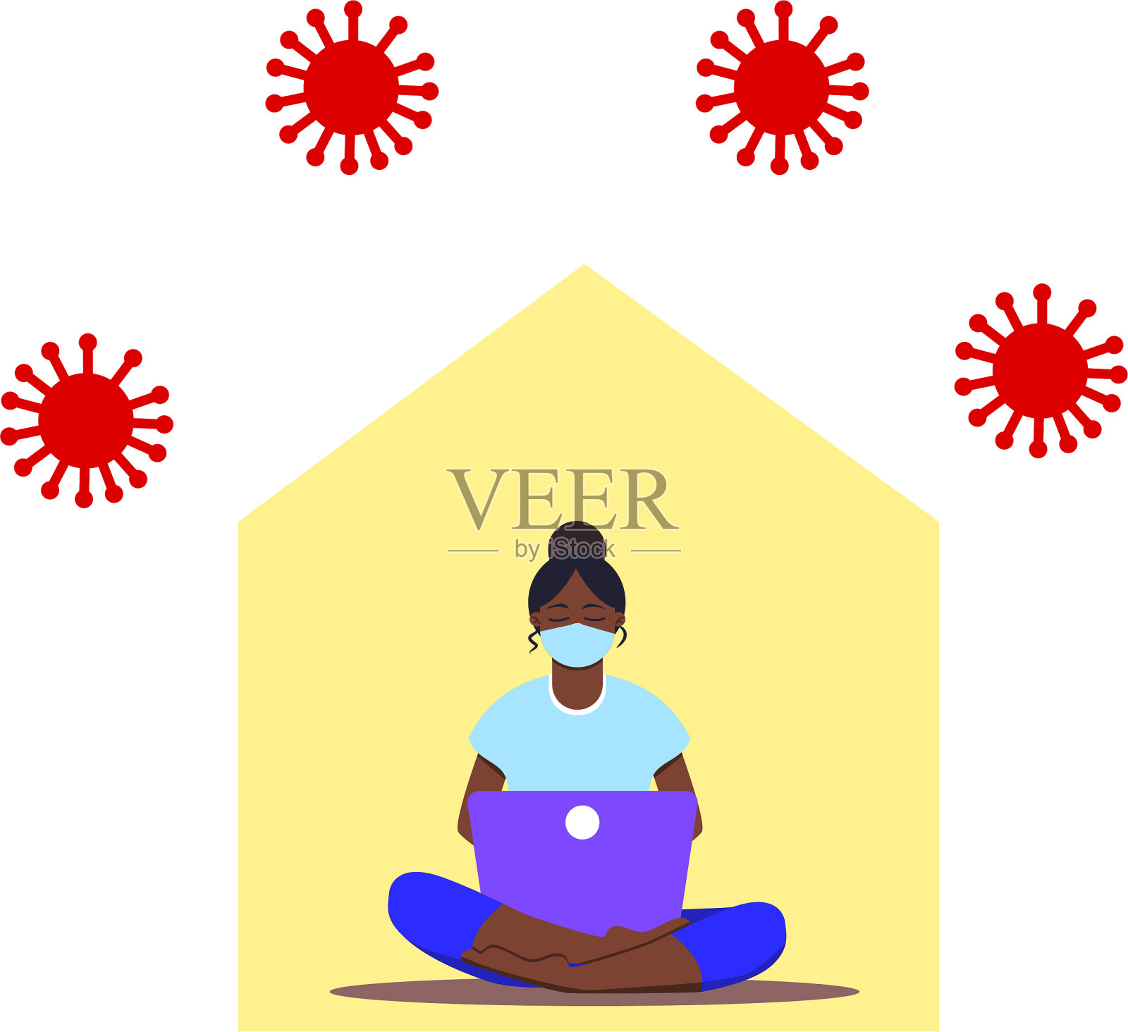 非洲女孩以莲花姿势坐着笔记本电脑。年轻女子在笔记本上工作,学习,上网,聊天,写博客。2019冠状病毒(COVID-19)大流行期间的社交距离插画图片素材
