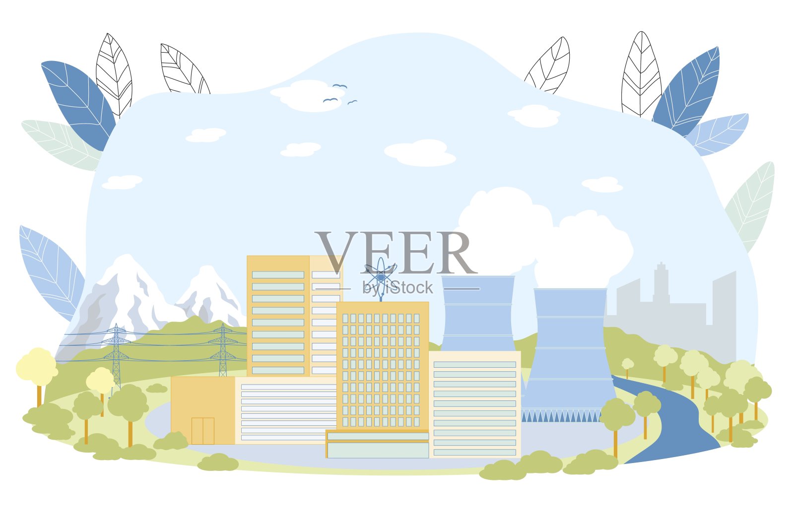 带有原子符号的核电站建筑插画图片素材