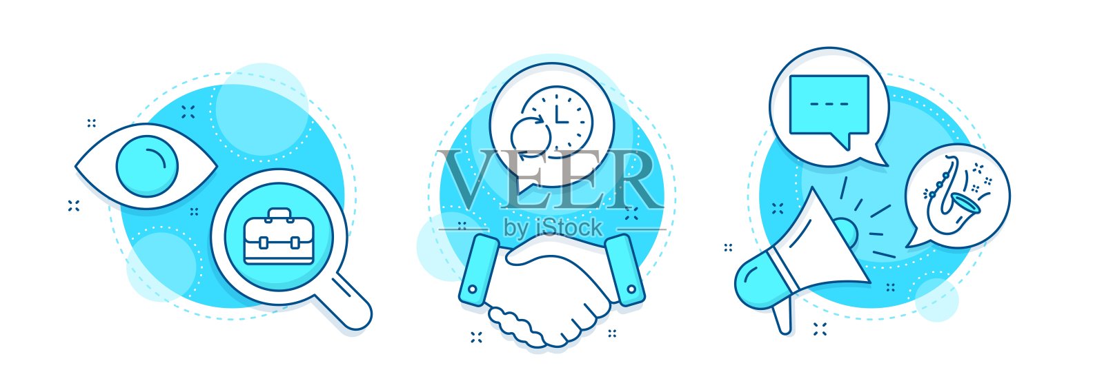 爵士,博客和更新时间图标集。投资组合的迹象。萨克斯,聊天信息,刷新时钟。业务用例。向量插画图片素材