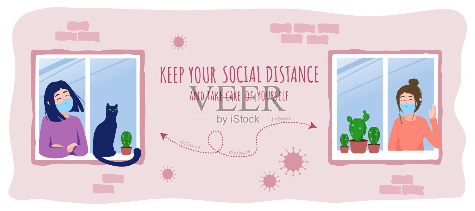 女孩们戴着医用口罩在家隔离。流行病期间的自我隔离冠状病毒保护。预防病毒性肺炎的说明。呆在家里,注意安全插画图片素材