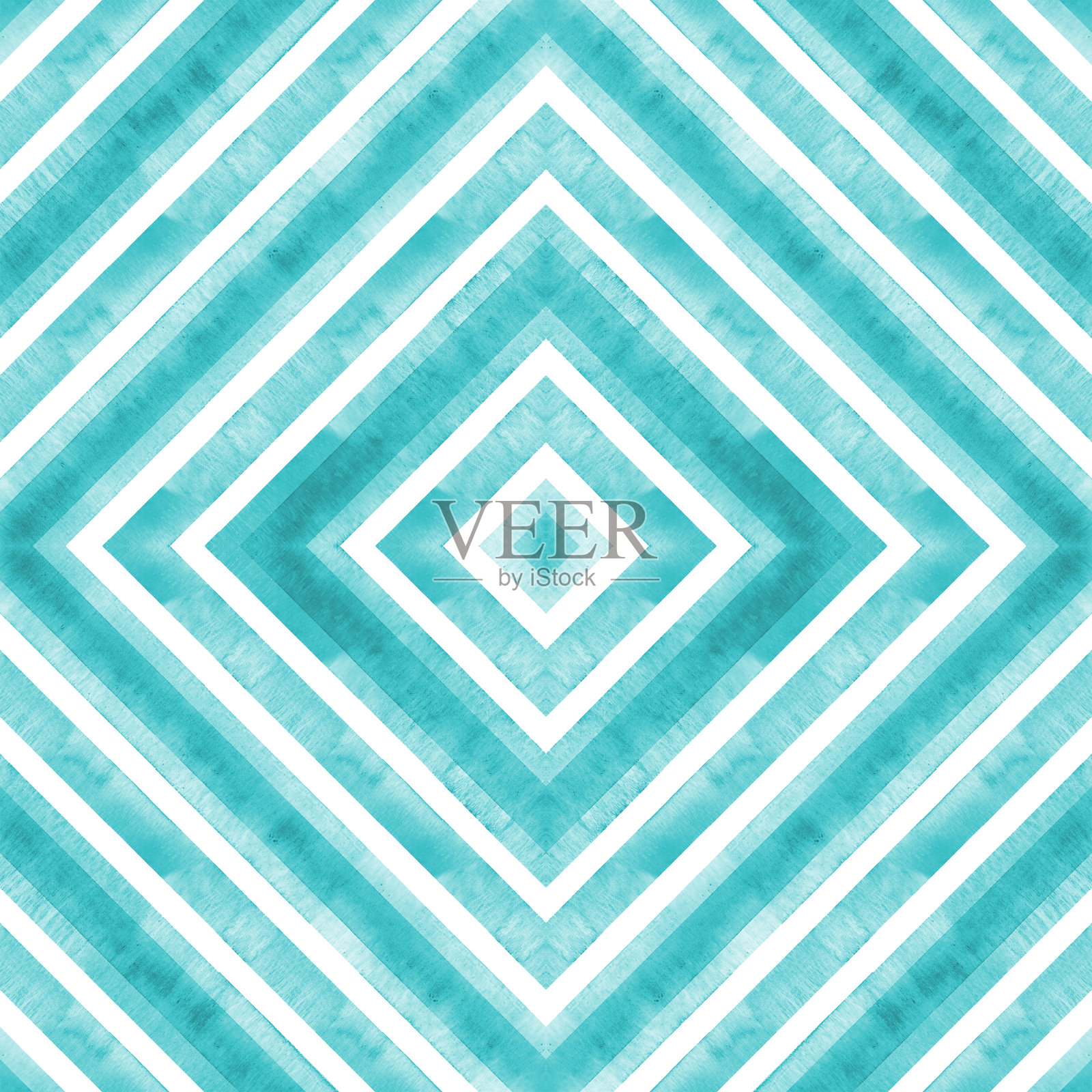 水彩几何菱形正方形无缝图案。白色背景上的蓝绿色条纹插画图片素材