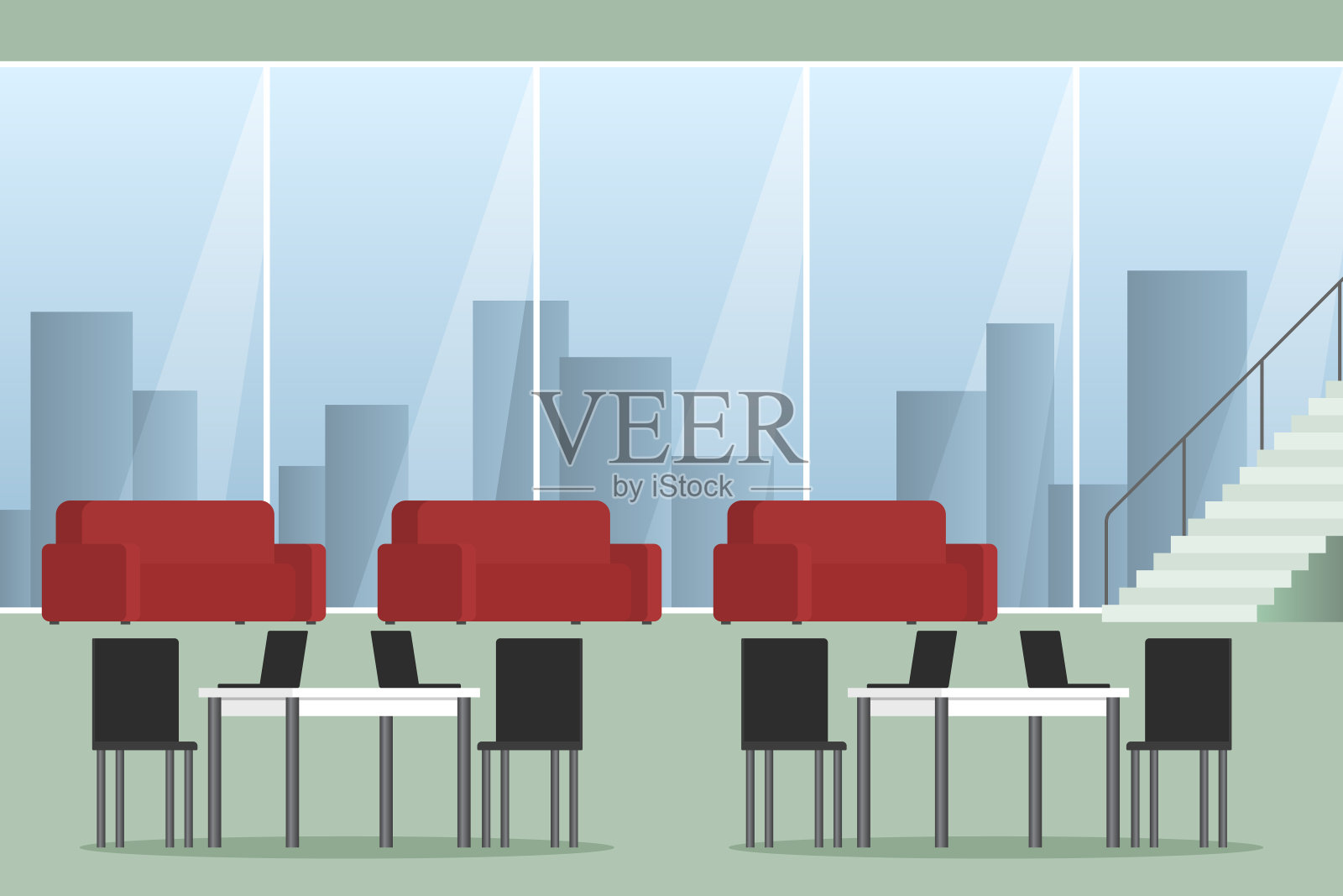 办公室内部设有沙发和楼梯。矢量图插画图片素材