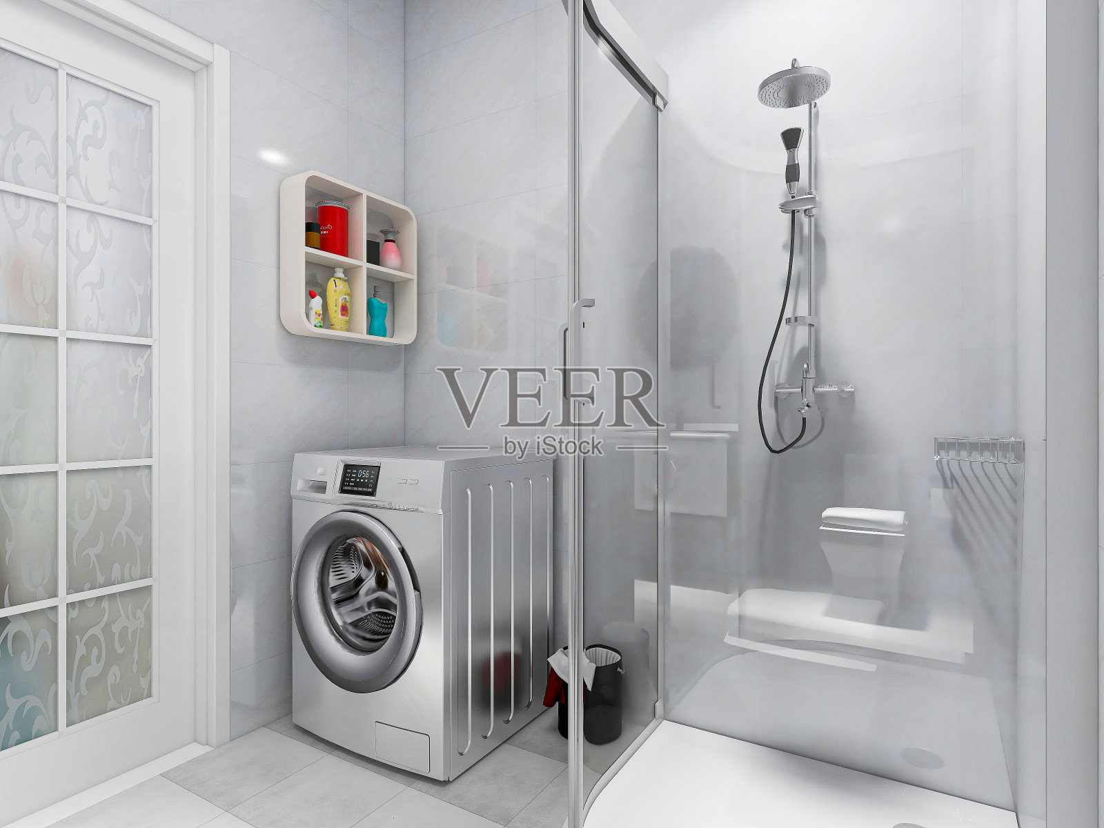 3D效果图,洁净现代住宅浴室及卫生间设计,配备盥洗台、卫生间、淋浴设备等。照片摄影图片