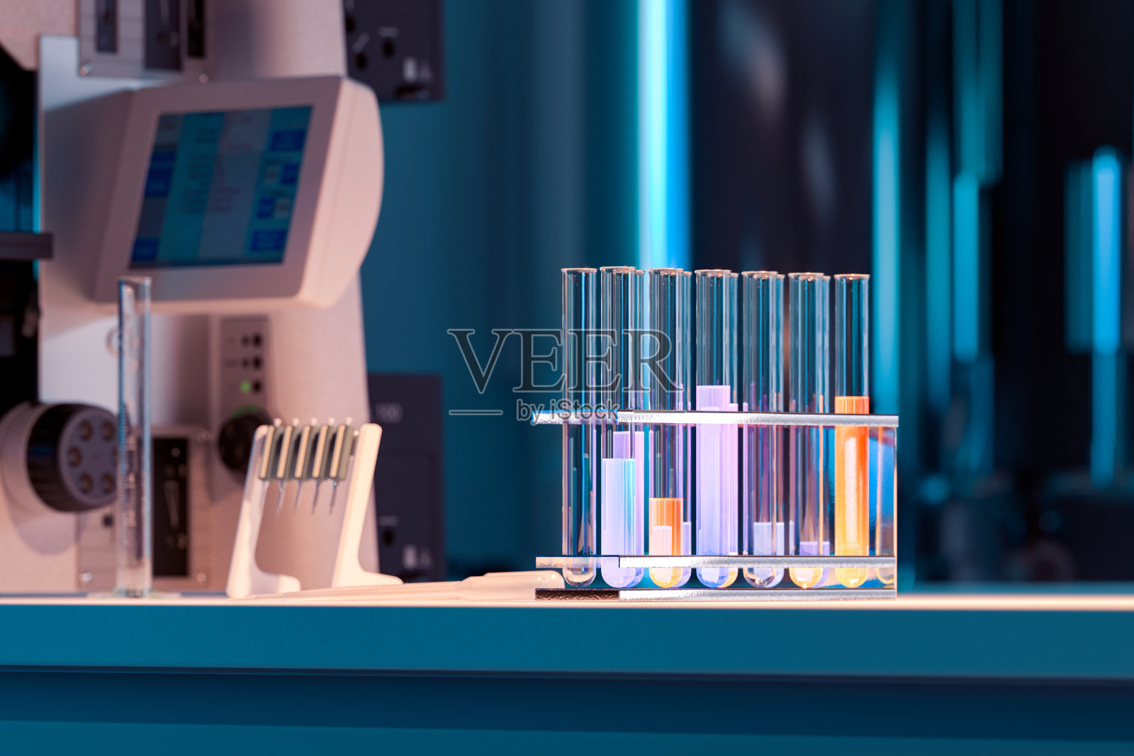 医疗设备和工具附近的实验室测试玻璃。3d渲染照片摄影图片